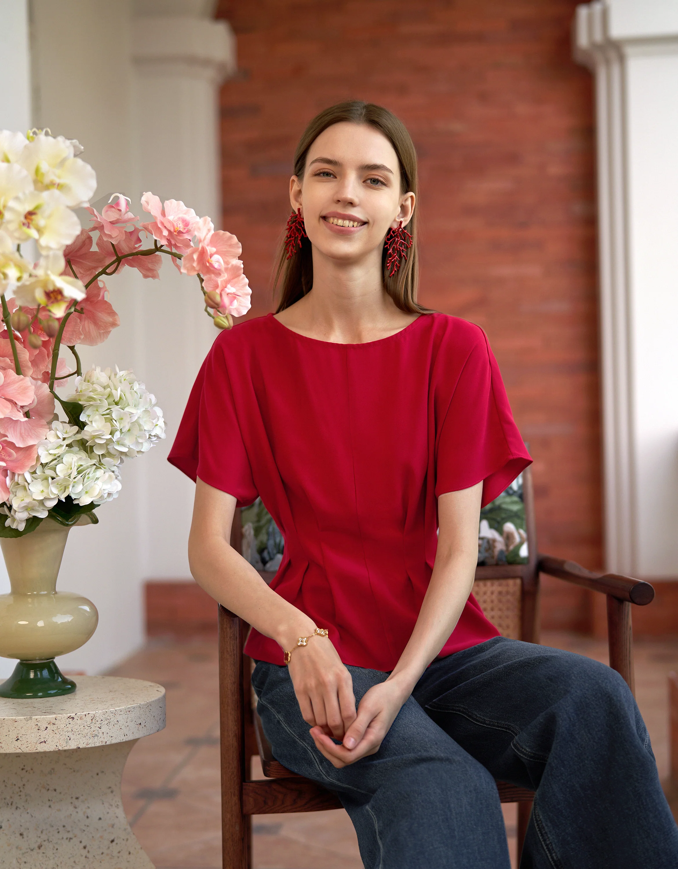 Pleated Waist Round Neck Short Sleeve Top - Image 2