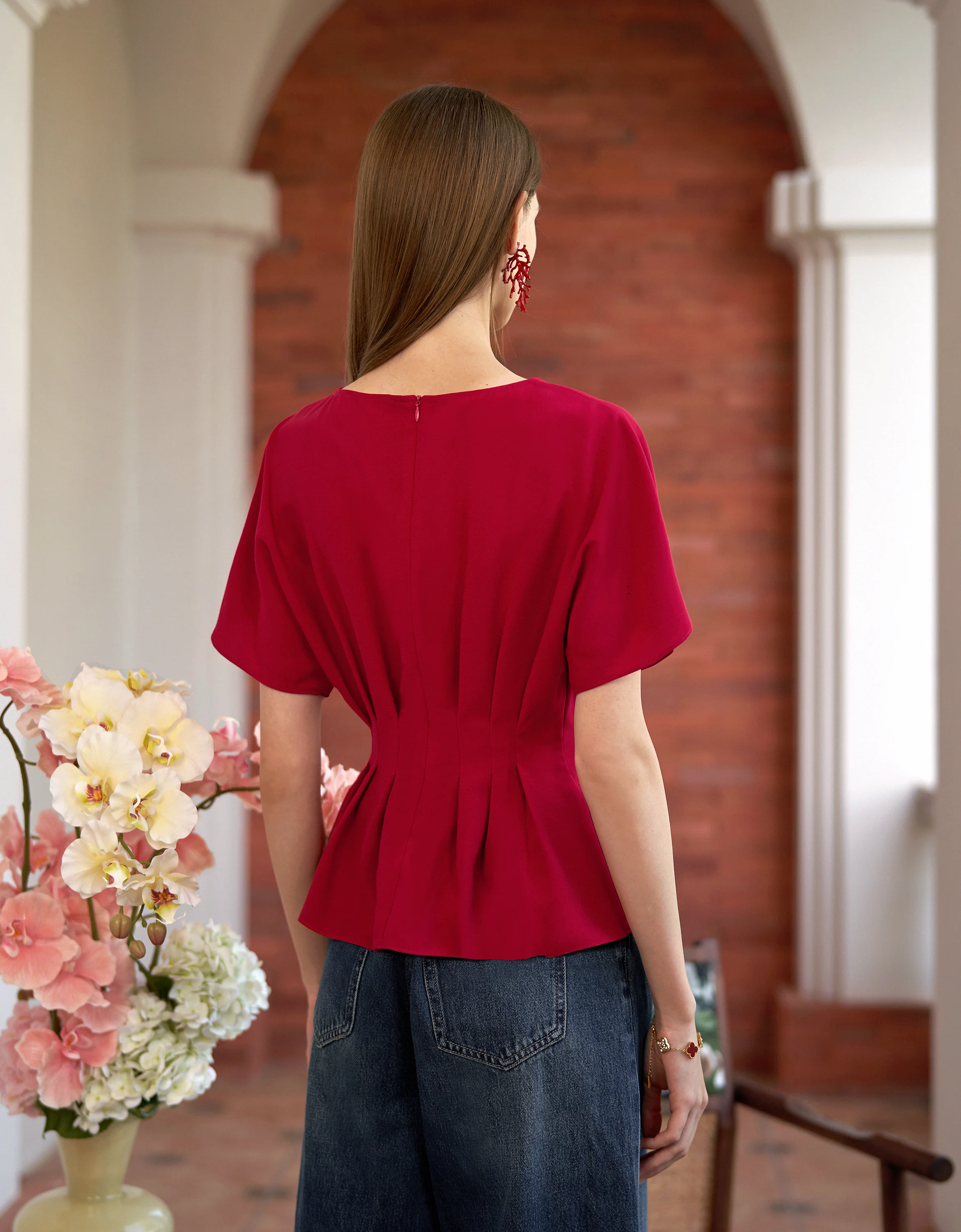 Pleated Waist Round Neck Short Sleeve Top - Image 4