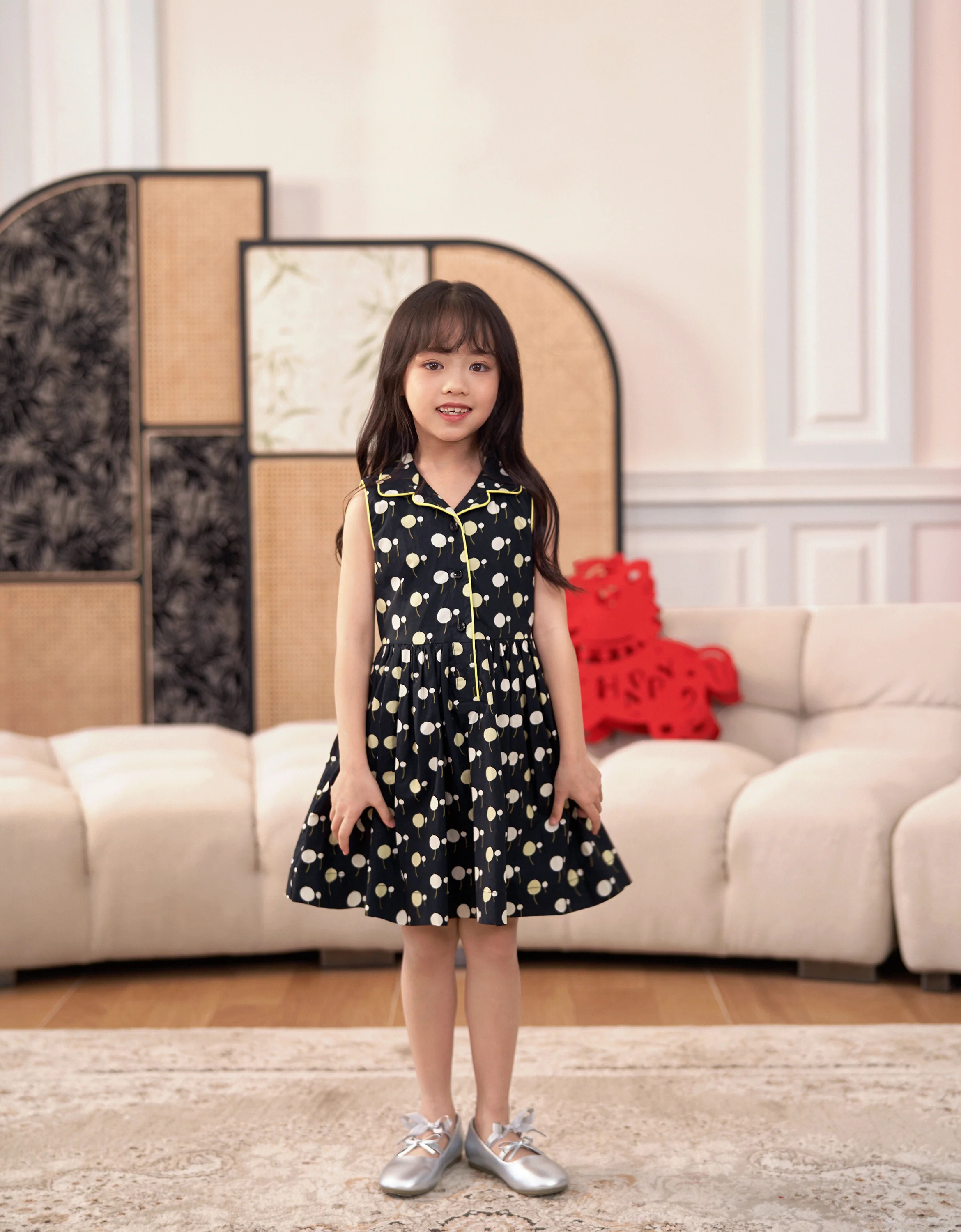 Polka Dot Cherry Print Collared Sleeveless Dress