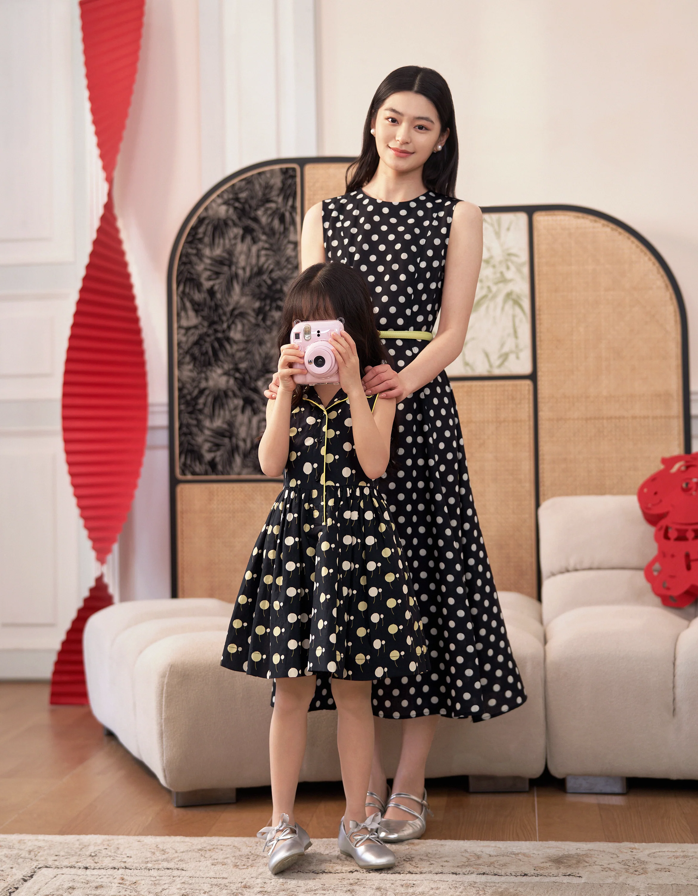 Polka Dot Cherry Print Collared Sleeveless Dress - Image 2