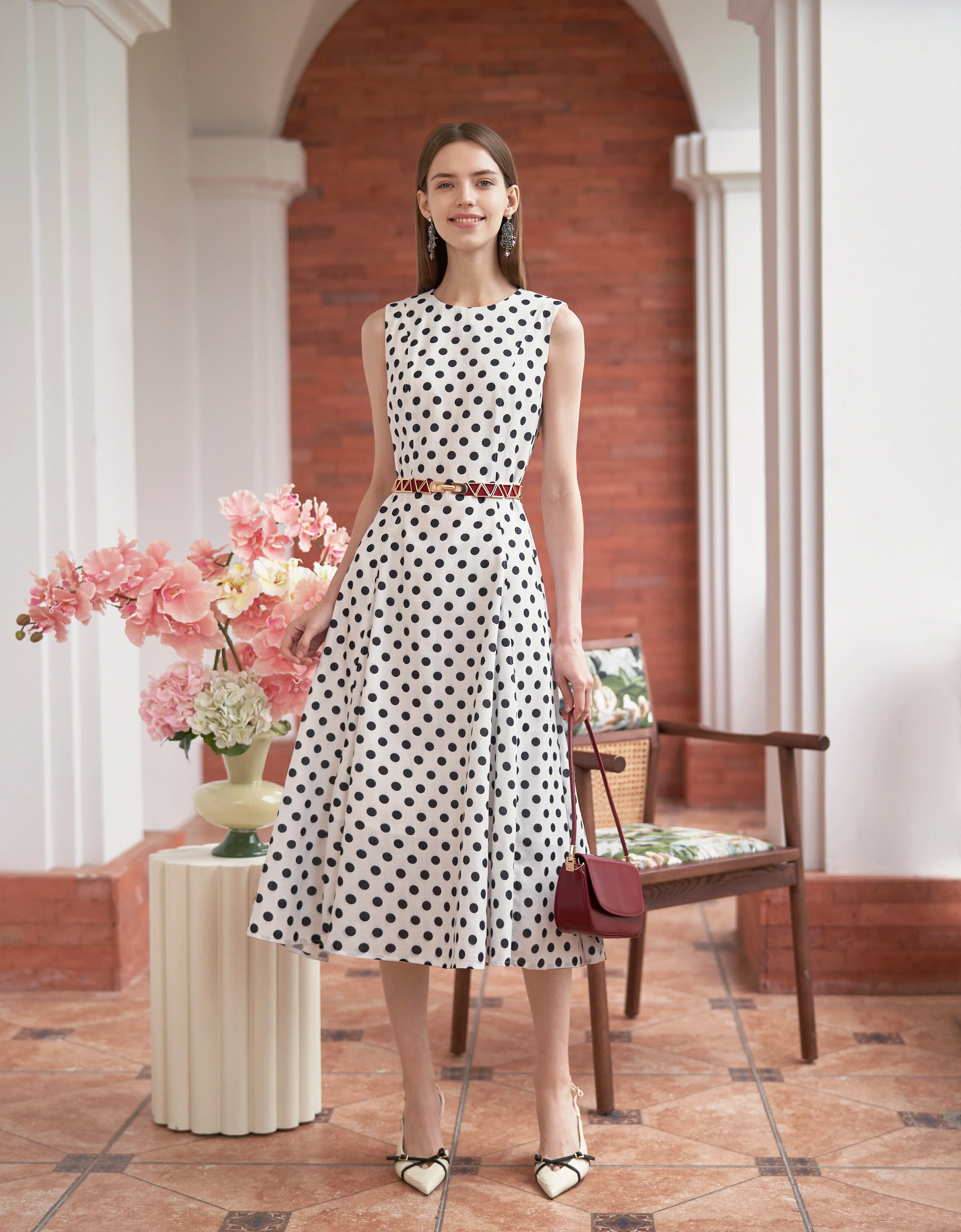 Polka Dot Round Neck Sleeveless Dress - Image 2