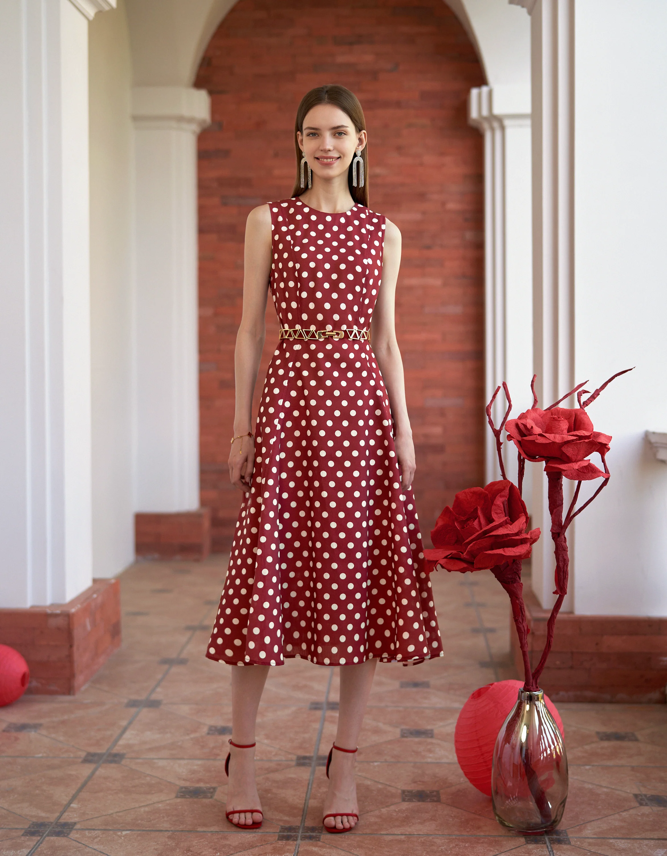 Polka Dot Round Neck Sleeveless Dress - Image 2