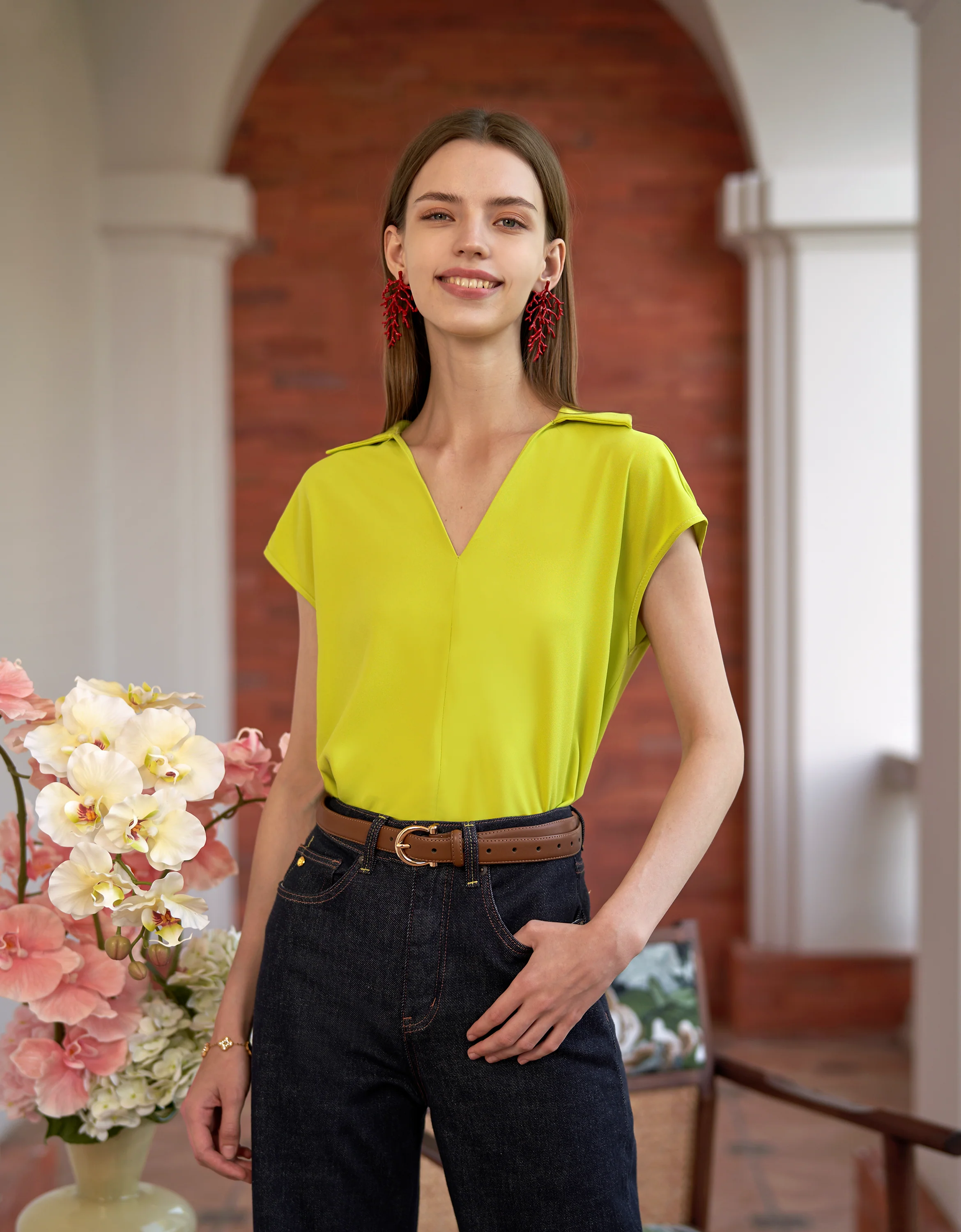Raglan Sleeves Collared V-neck Top