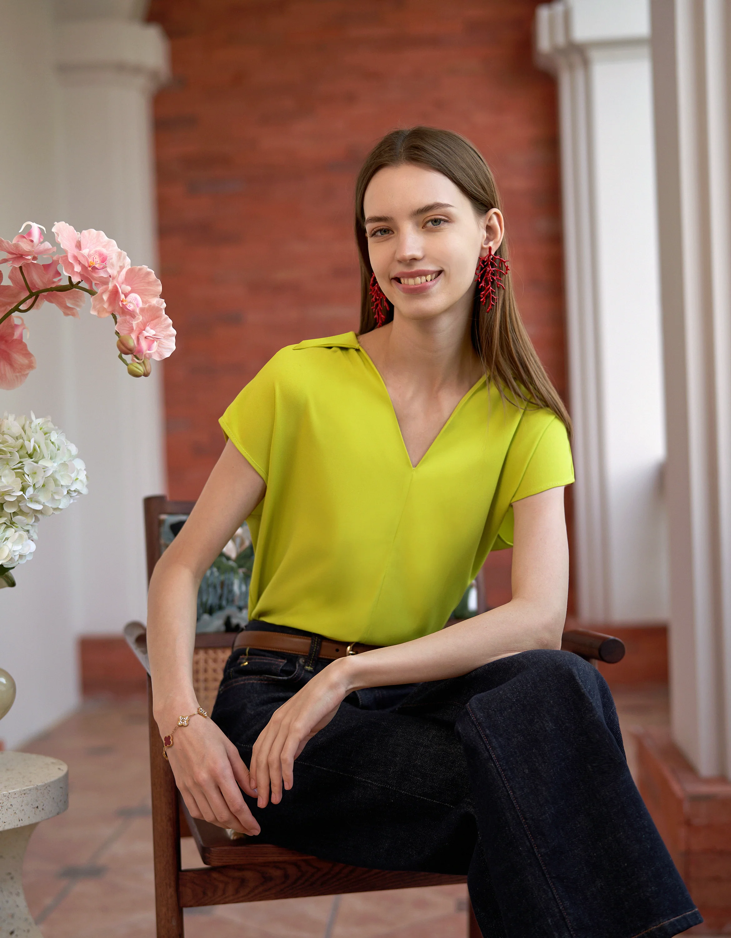 Raglan Sleeves Collared V-neck Top - Image 3