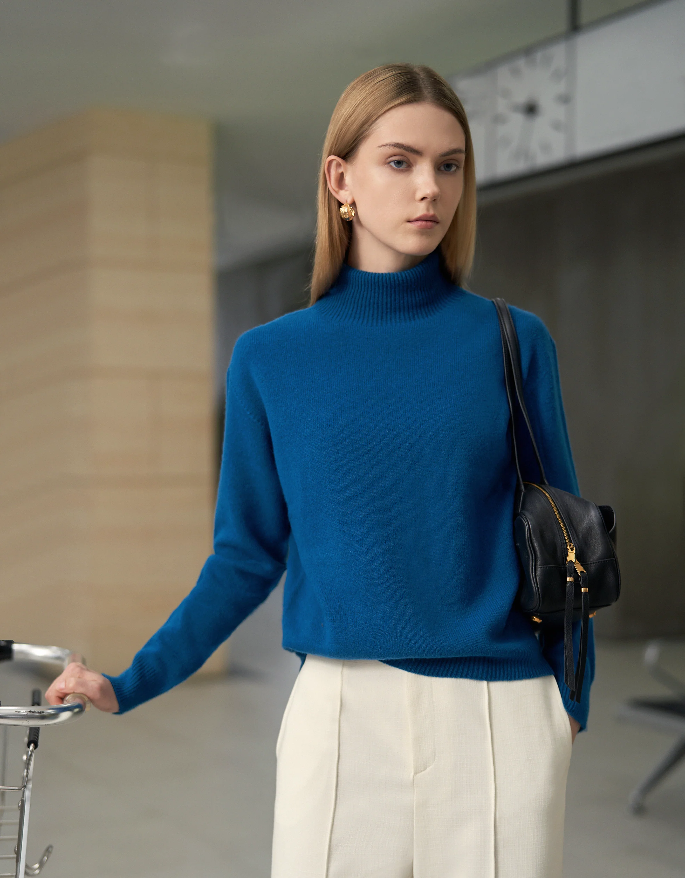 Ribbed Trims High Neck Knit Top