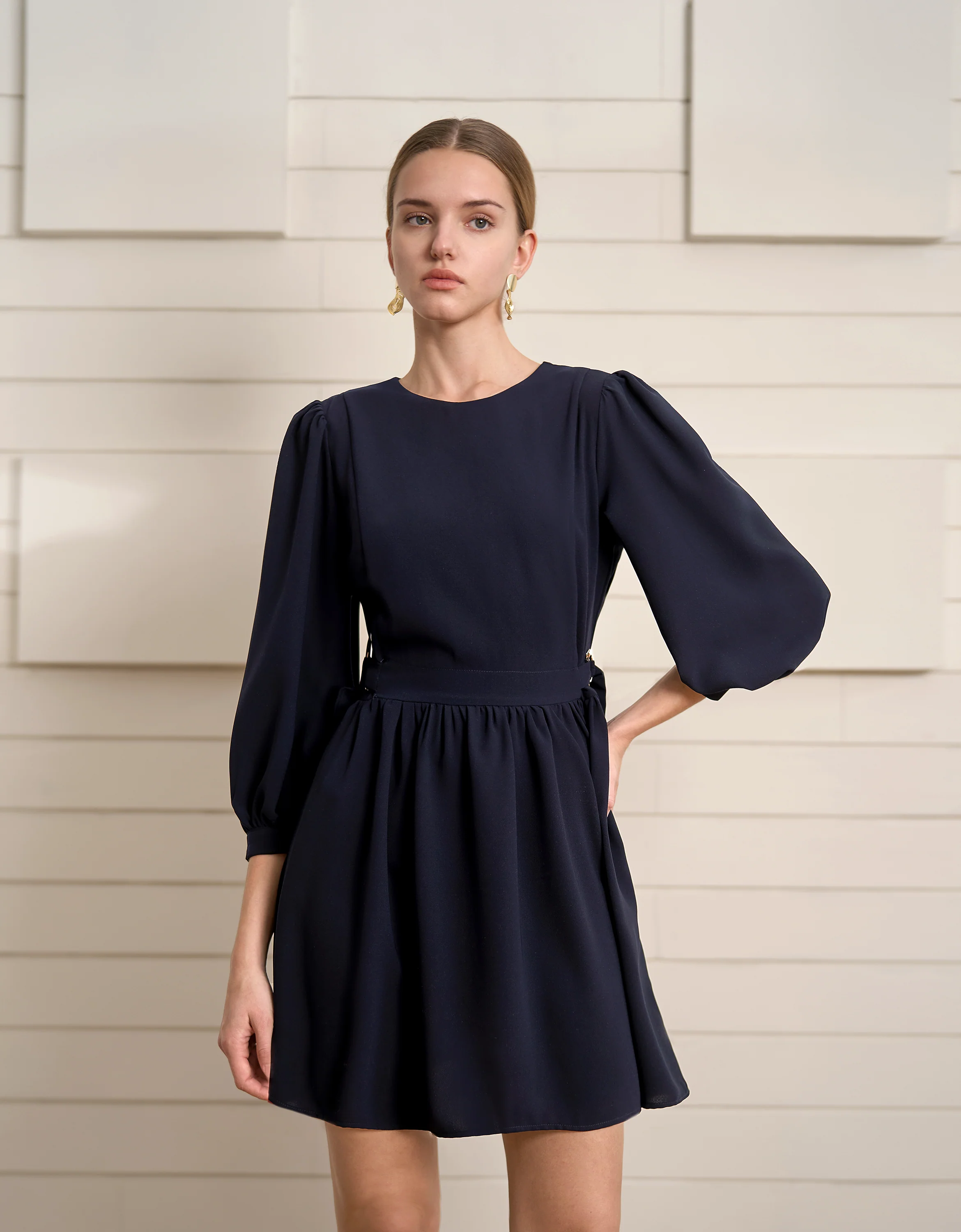 Round Neck Long Puff Sleeve Dress
