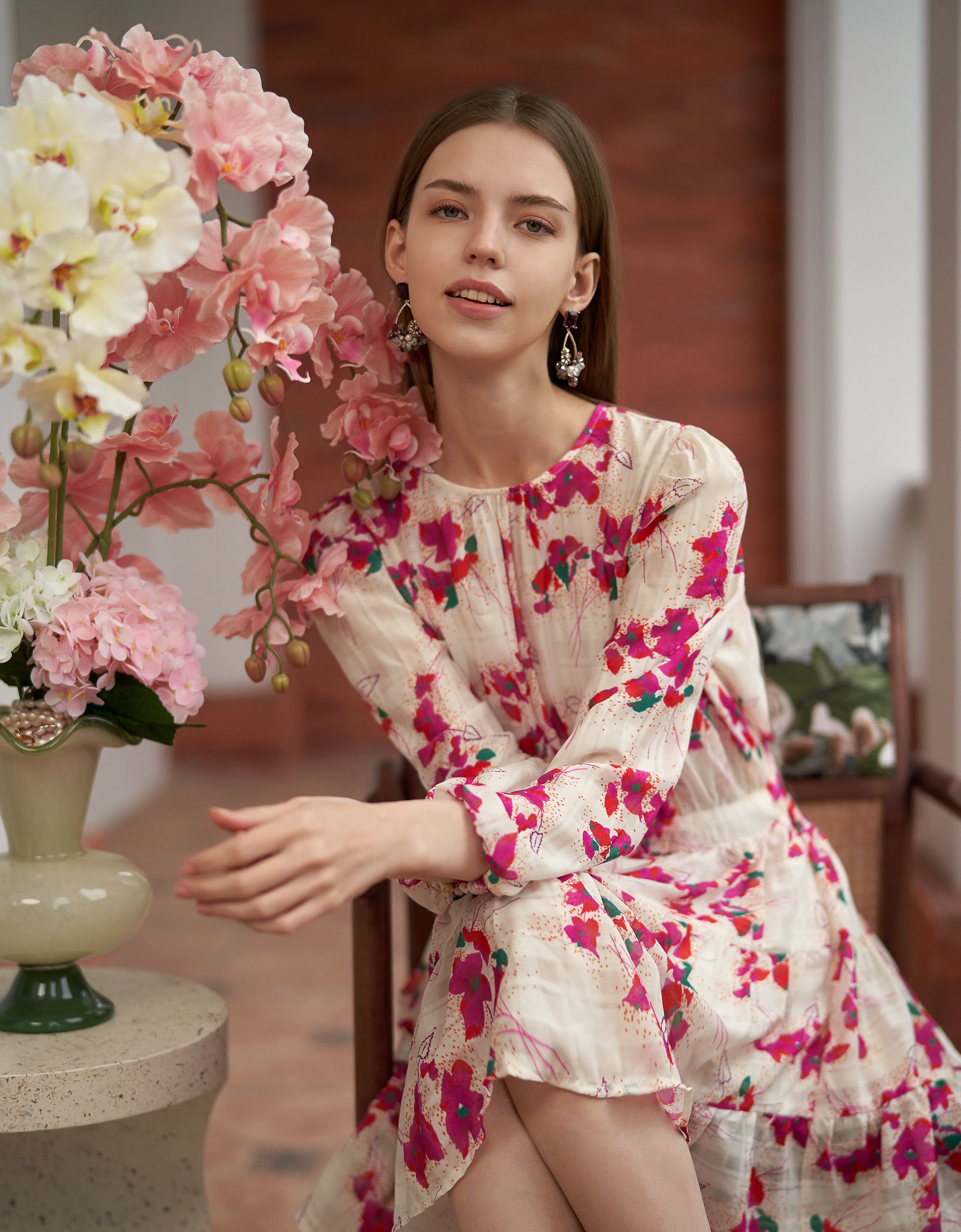 Round Neck Long Sleeve Tiered Floral Dress - Image 2