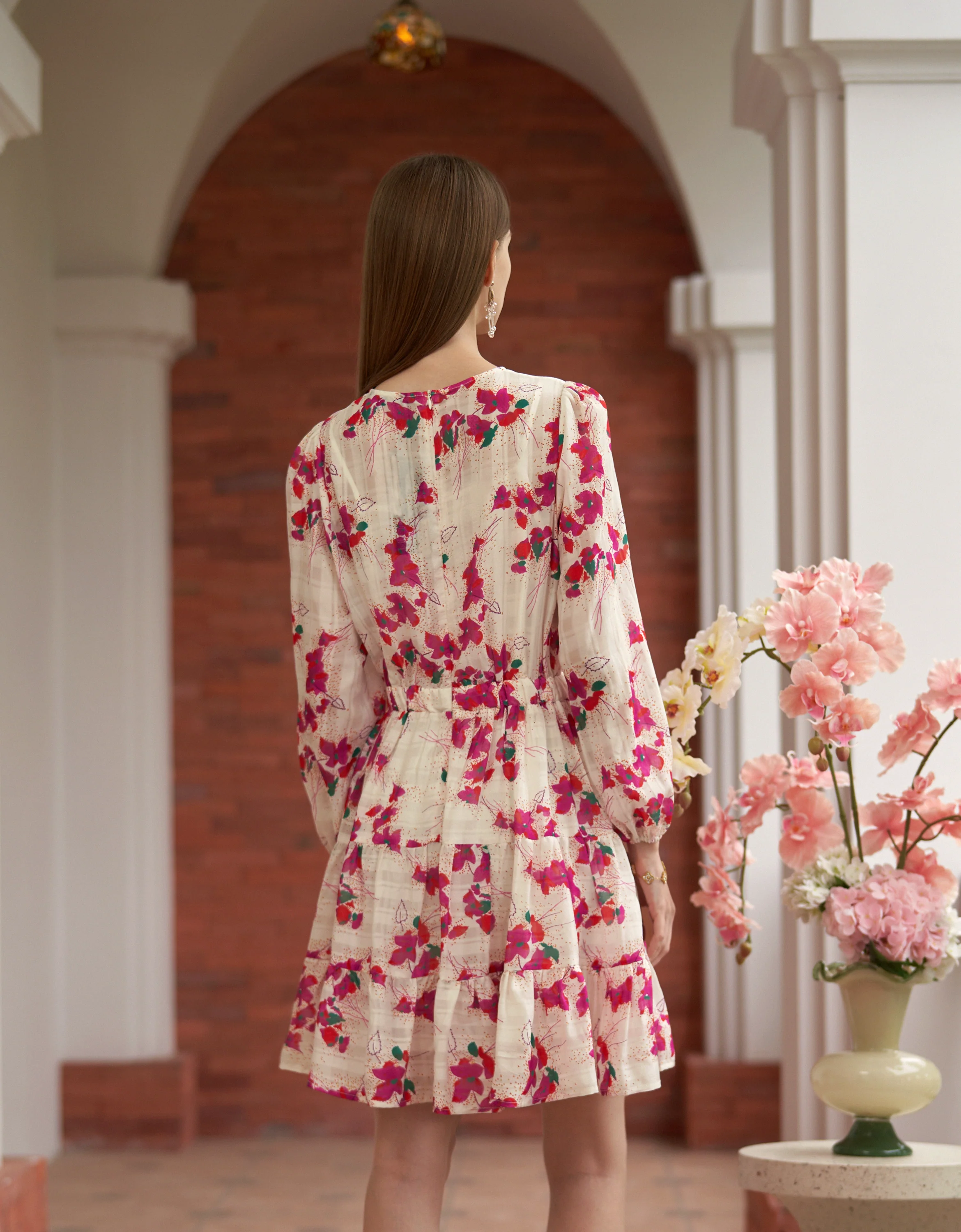 Round Neck Long Sleeve Tiered Floral Dress - Image 5