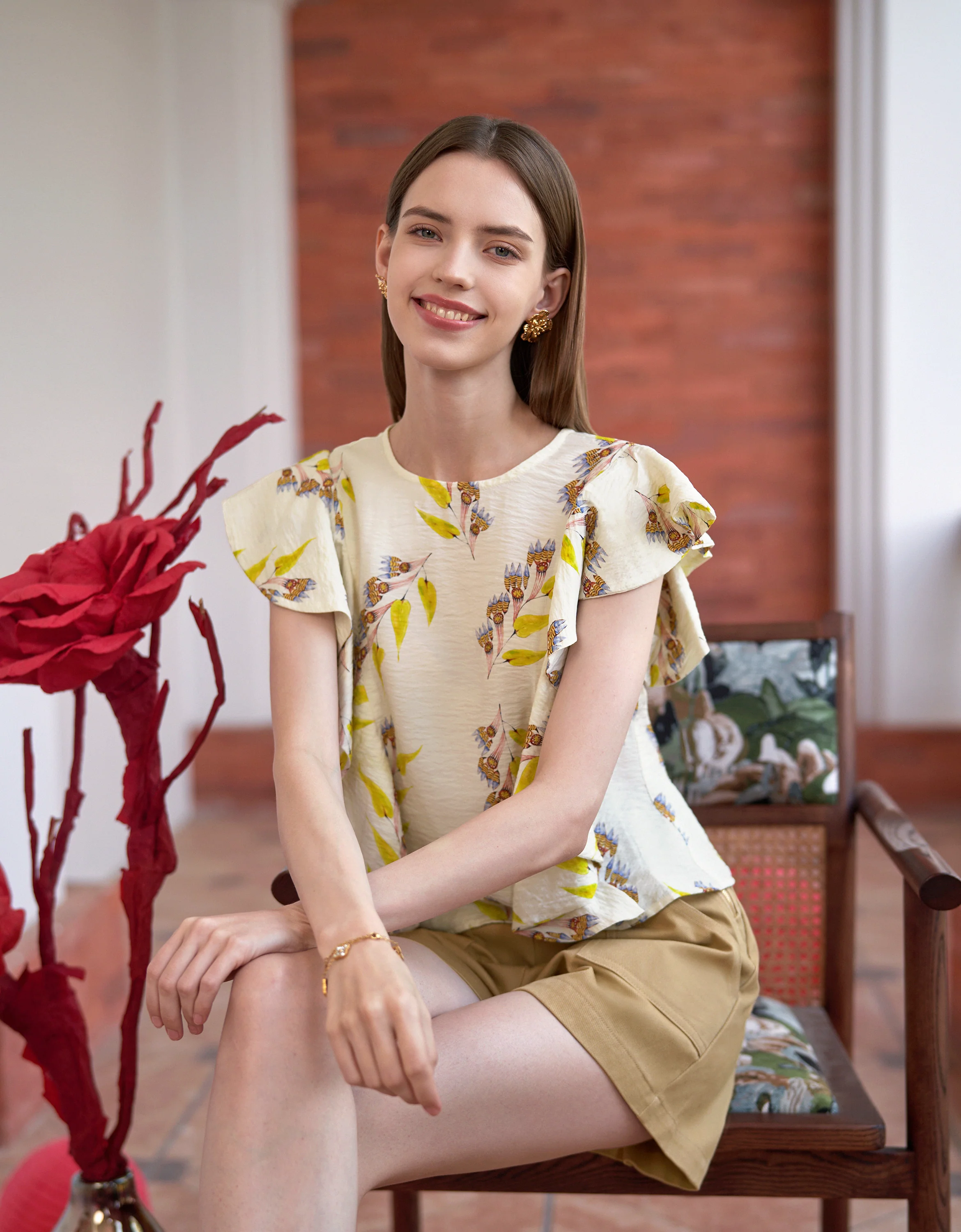 Round Neck Ruffle Sleeve Printed Top