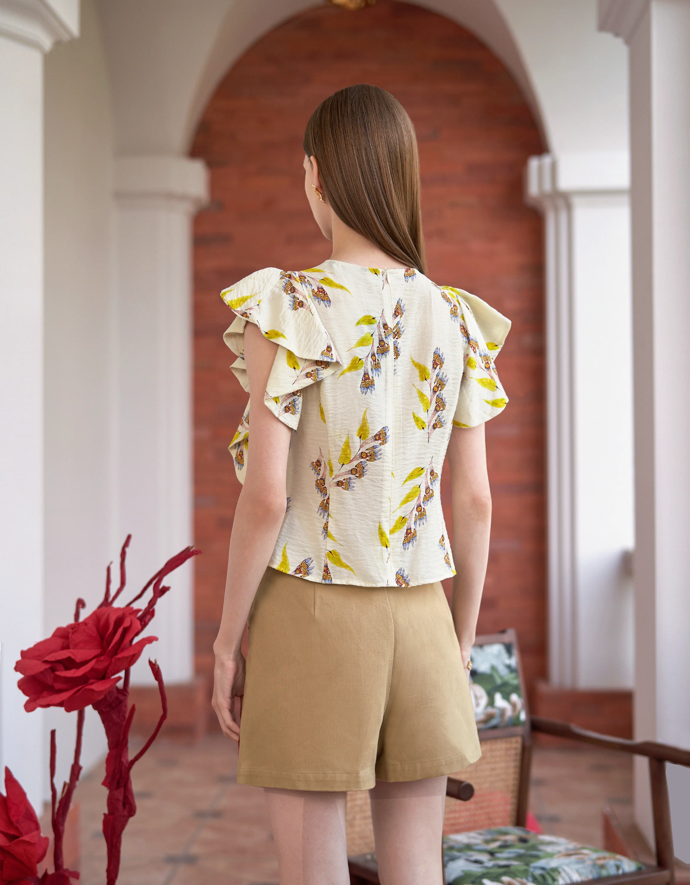 Round Neck Ruffle Sleeve Printed Top - Image 4