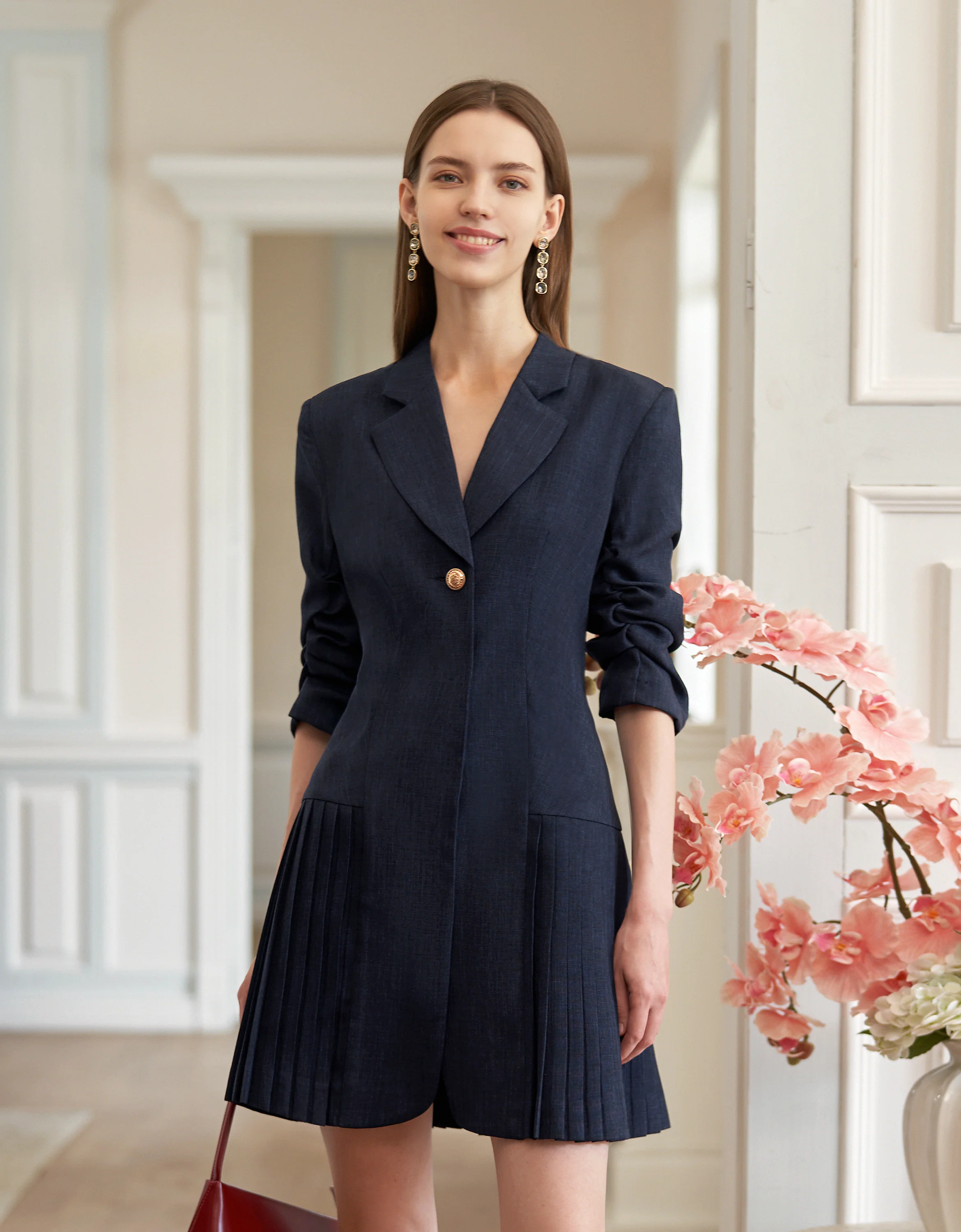 Ruched Sleeves Pleated Suit Dress
