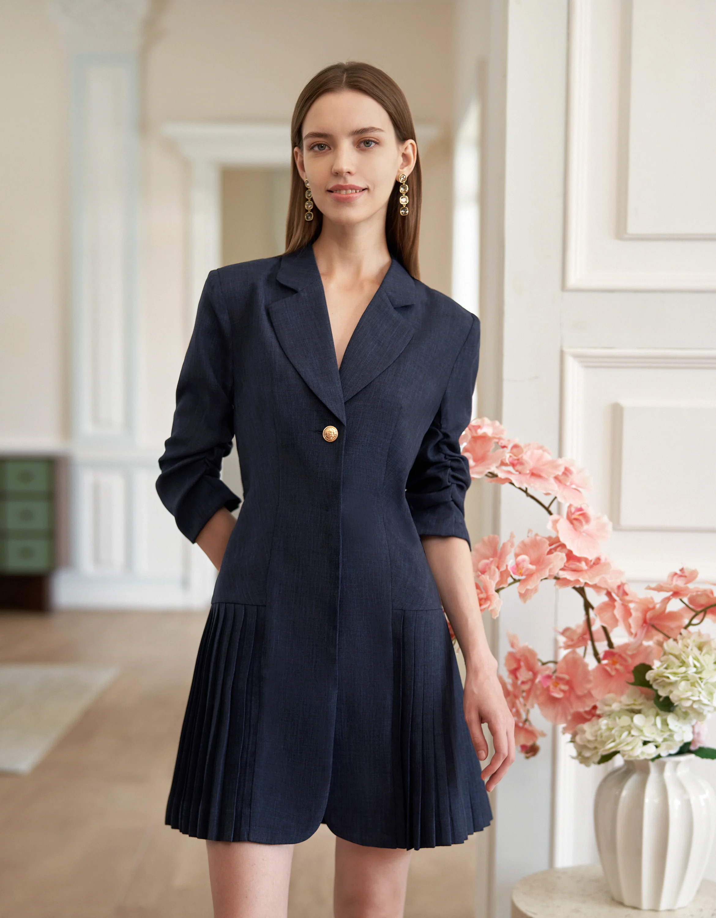 Ruched Sleeves Pleated Suit Dress - Image 2