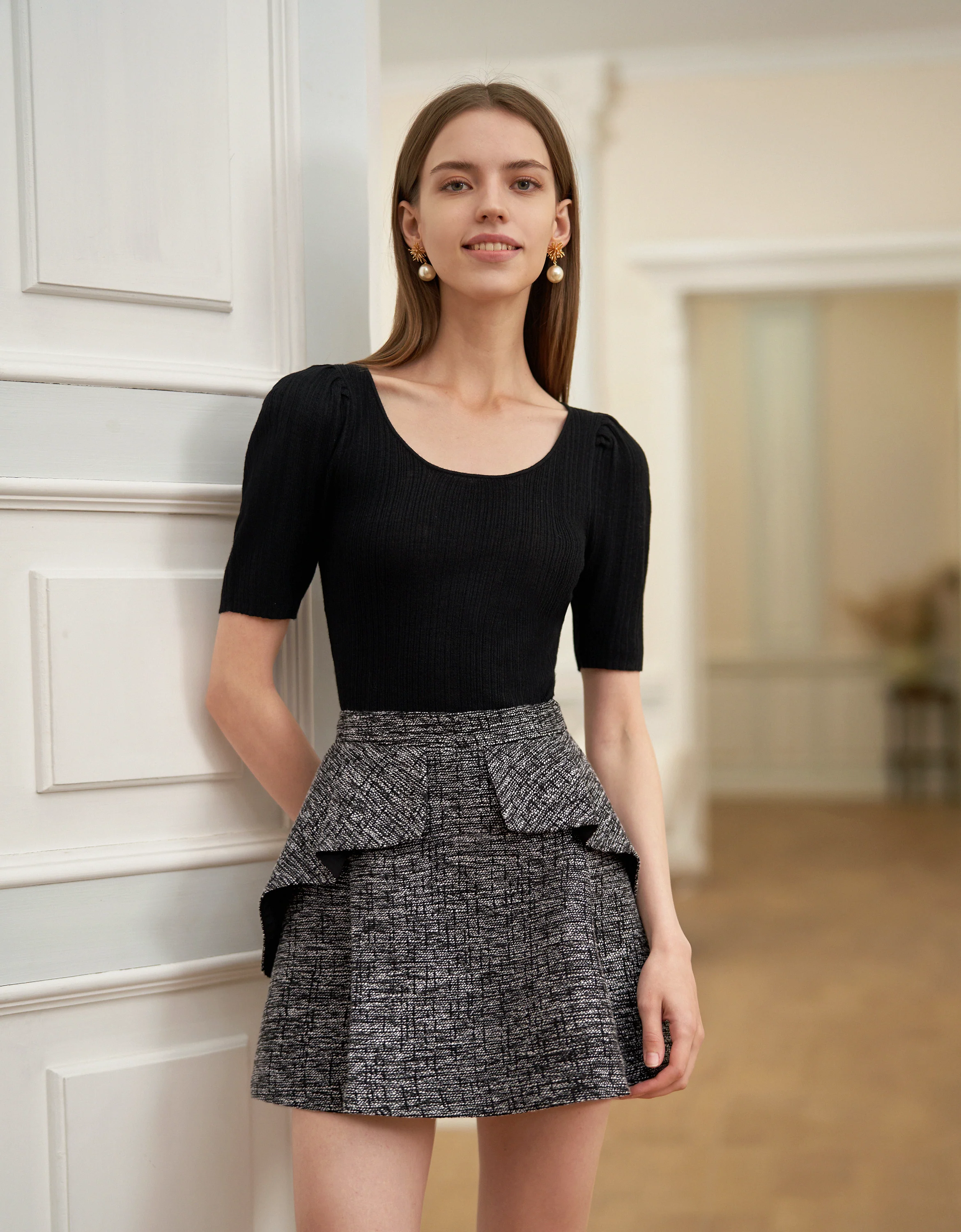 Ruffled Detail Textured A-line Skirt
