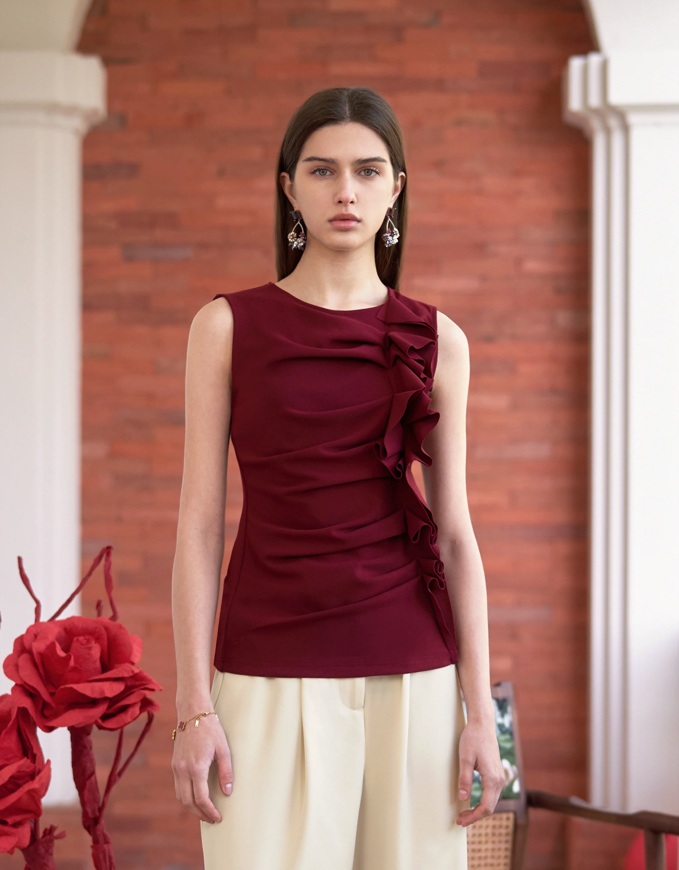 Ruffled Front Round Neck Sleeveless Top
