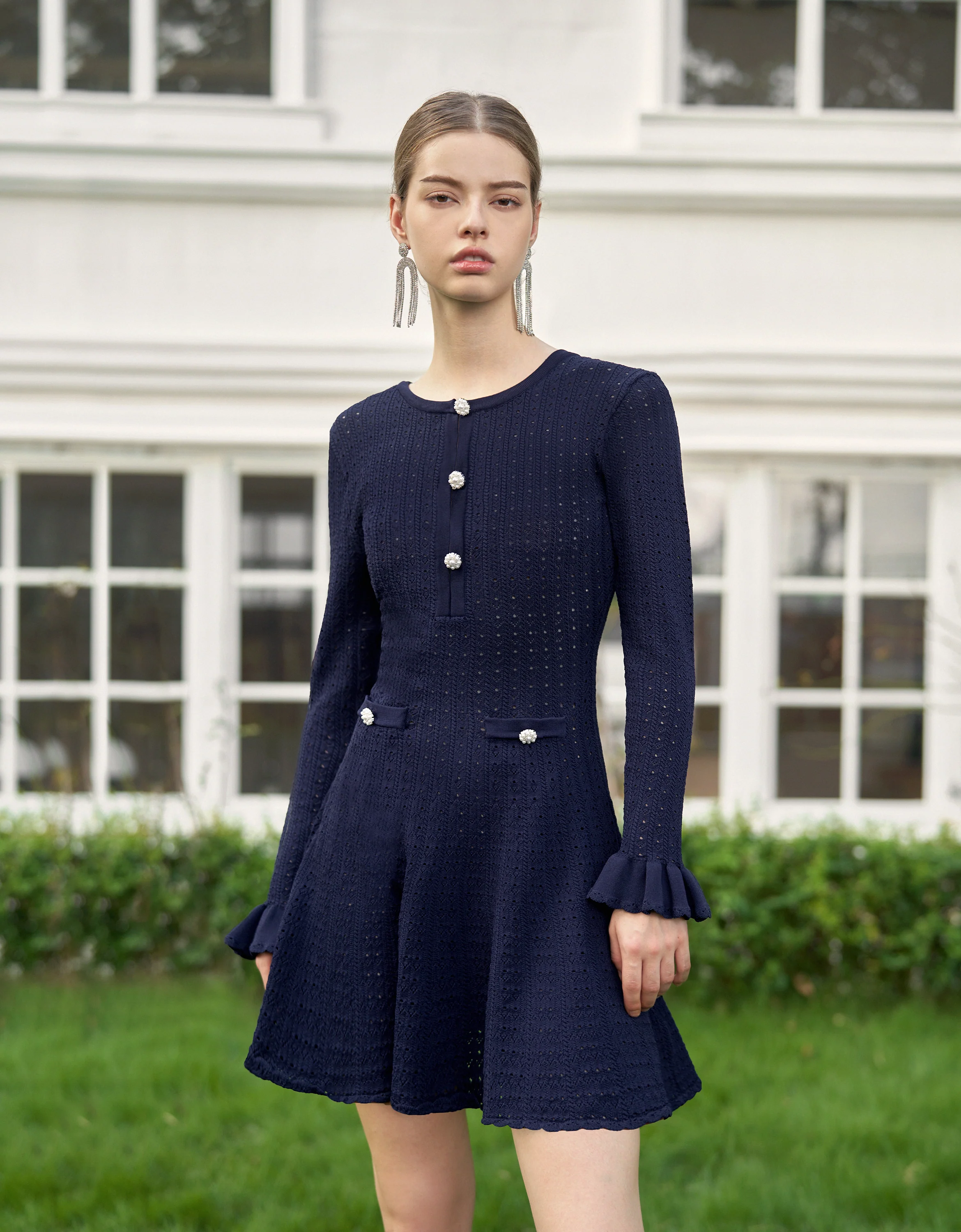 Ruffled Long Sleeve Hollow Knit Dress