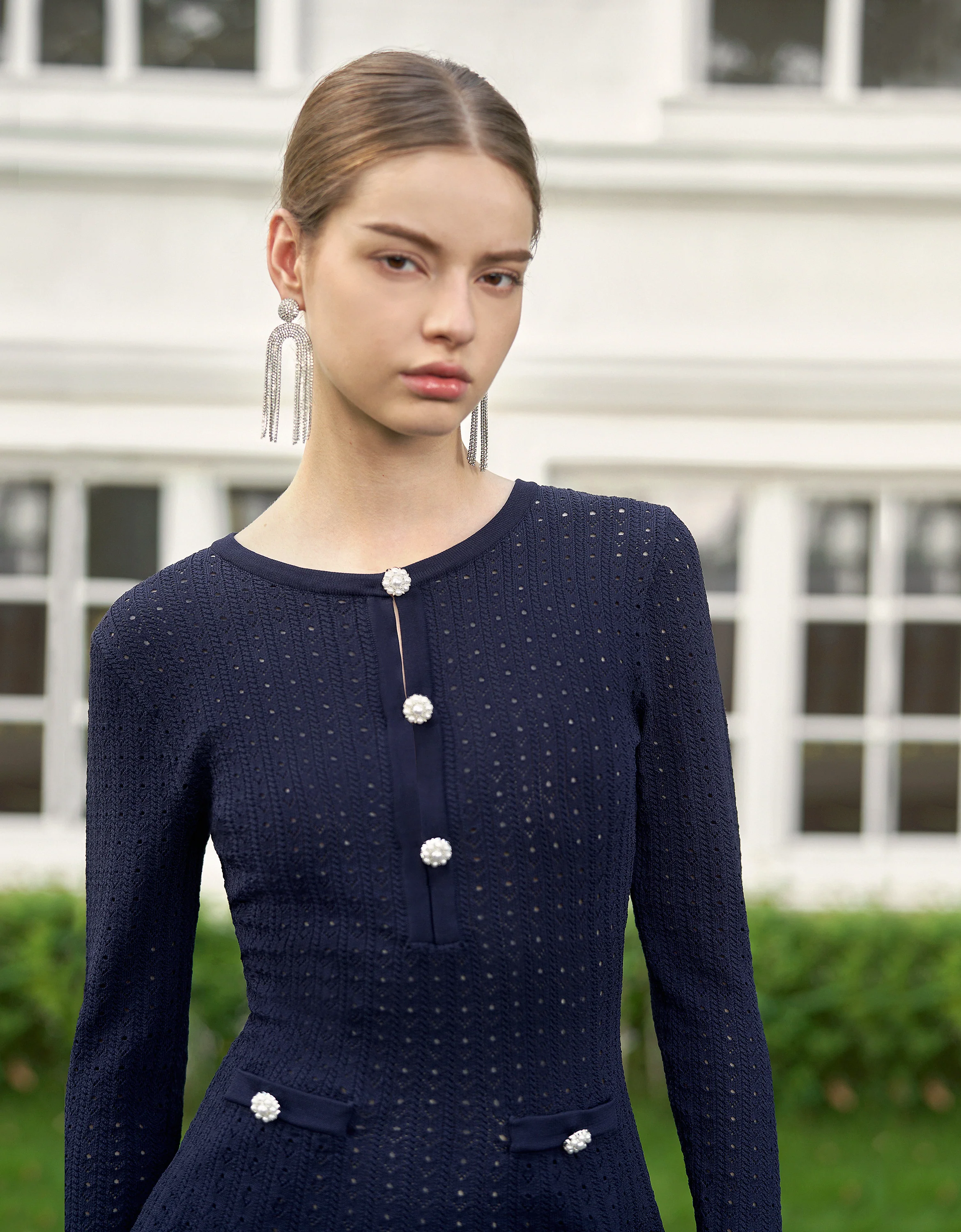 Ruffled Long Sleeve Hollow Knit Dress - Image 2