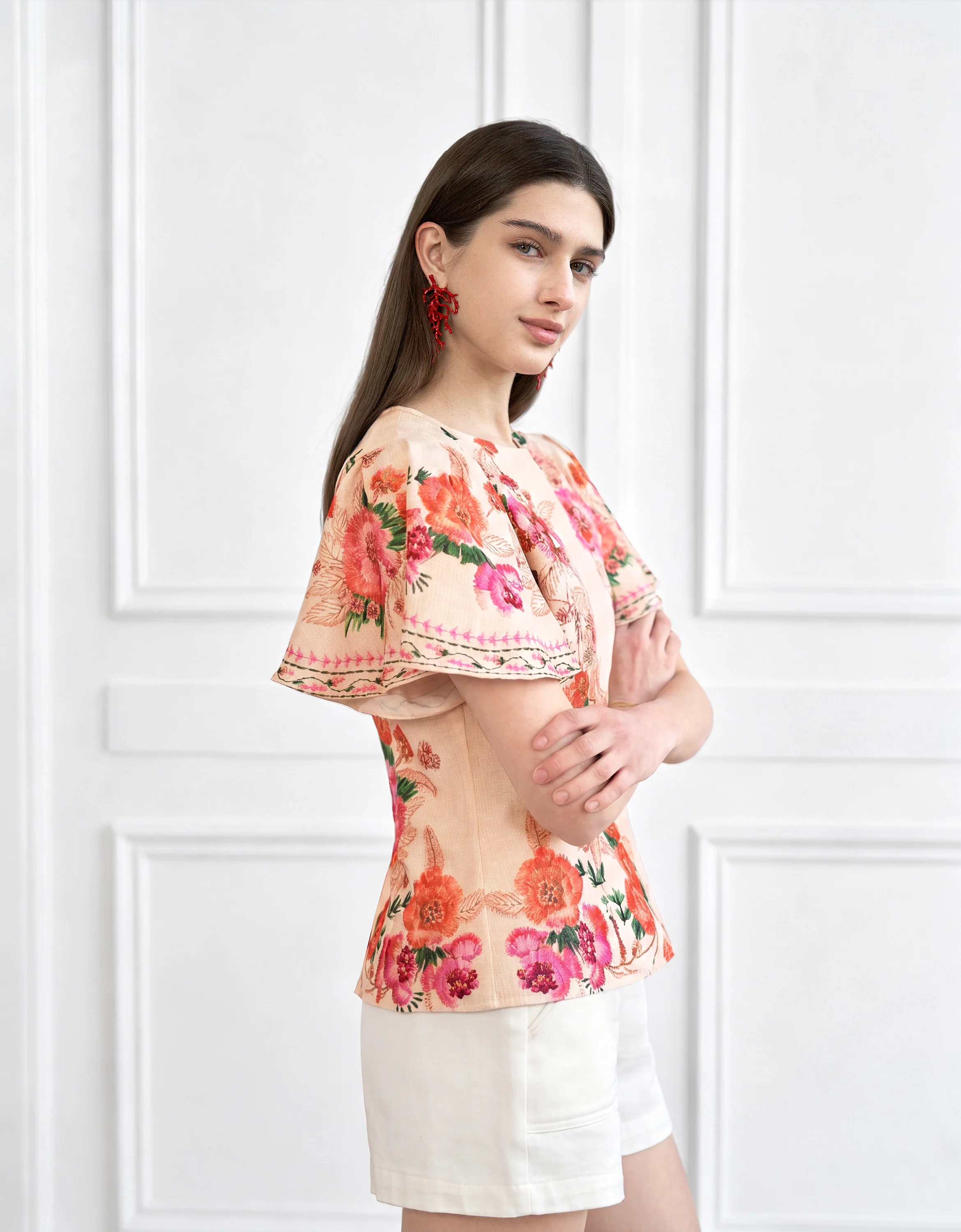 Ruffled Sleeves Round Neck Floral Top - Image 4
