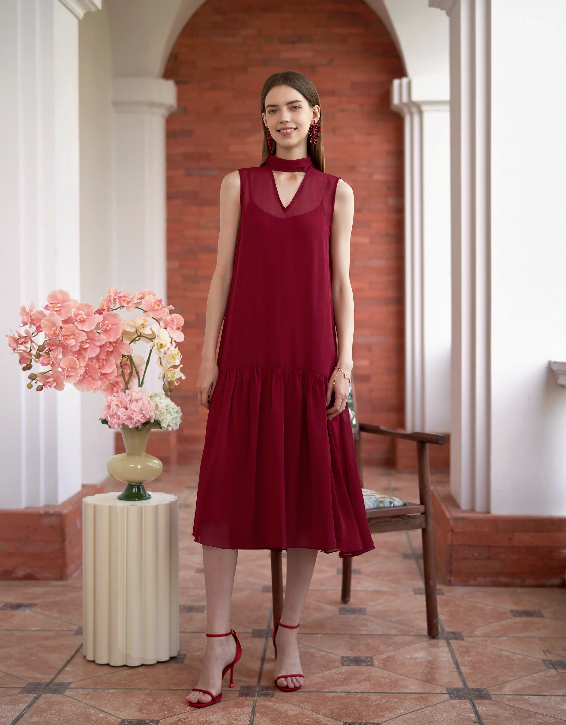 Scarf Collar V-neck Chiffon Dress - Image 12