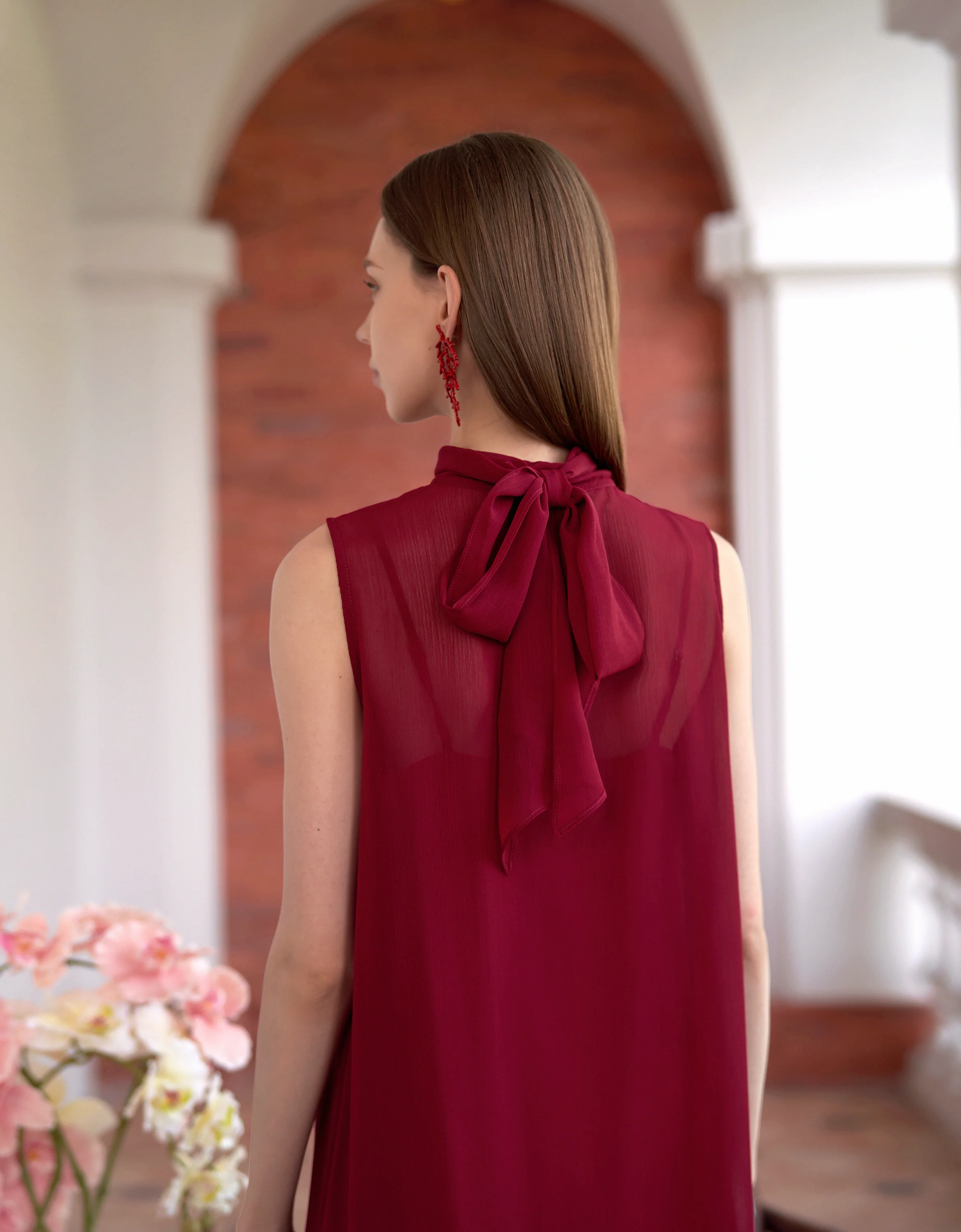 Scarf Collar V-neck Chiffon Dress - Image 13