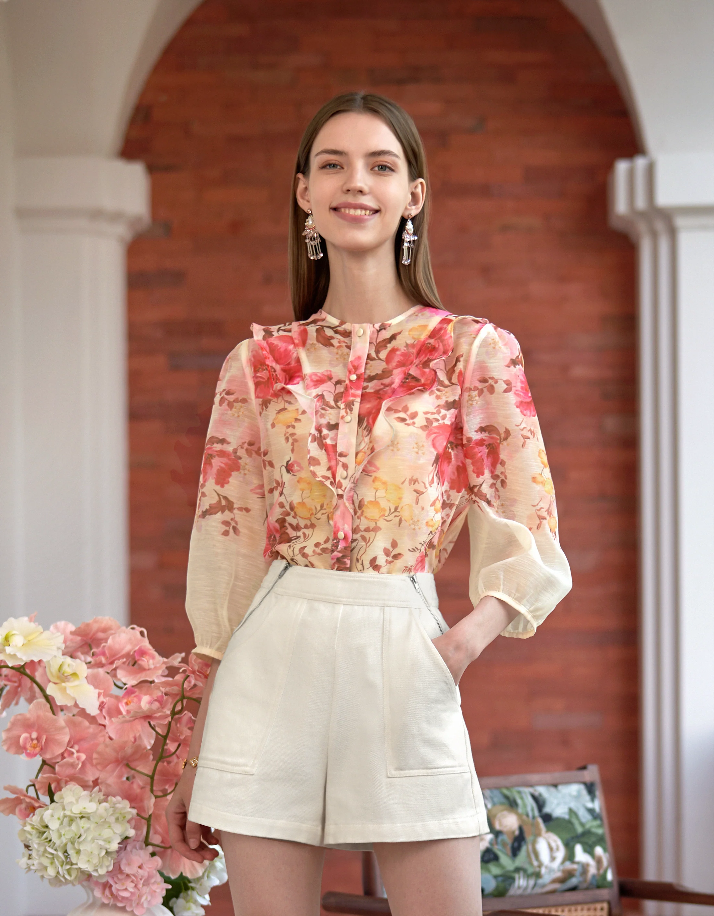 Semi-sheer Lace Trim Floral Shirt - Image 14