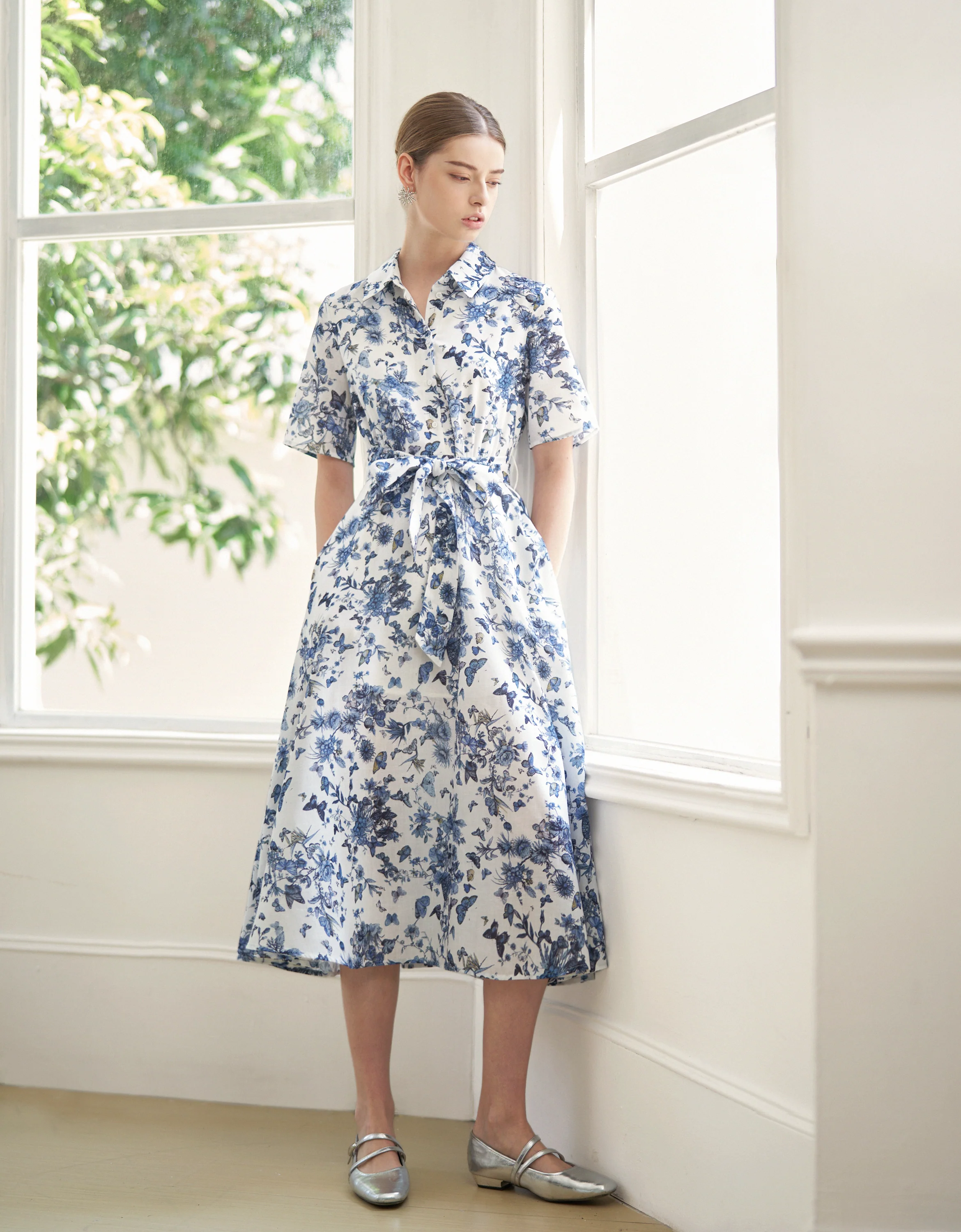 Short Sleeve Printed Midi Shirt Dress