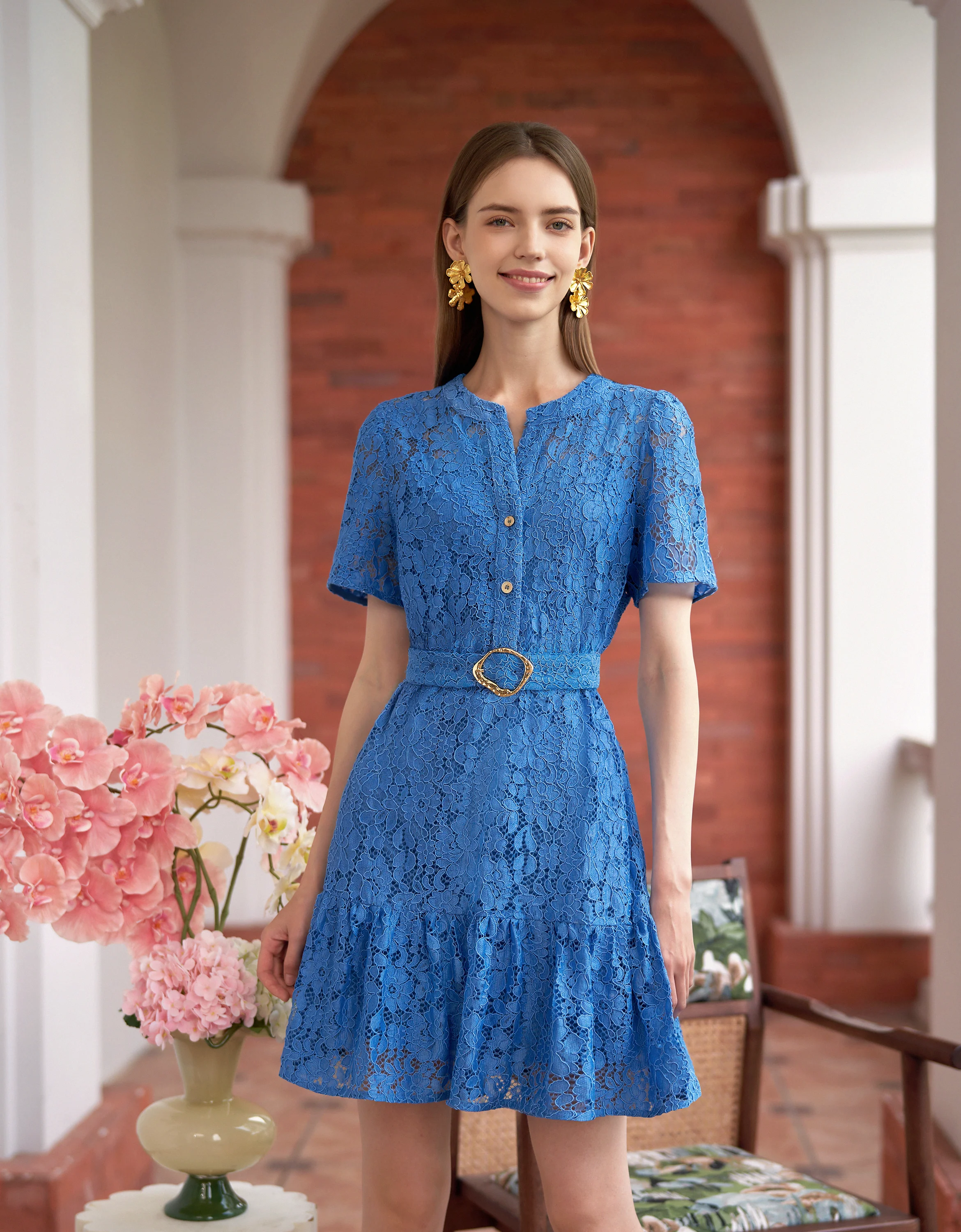 Short Sleeves Ruffled Hem Lace Dress