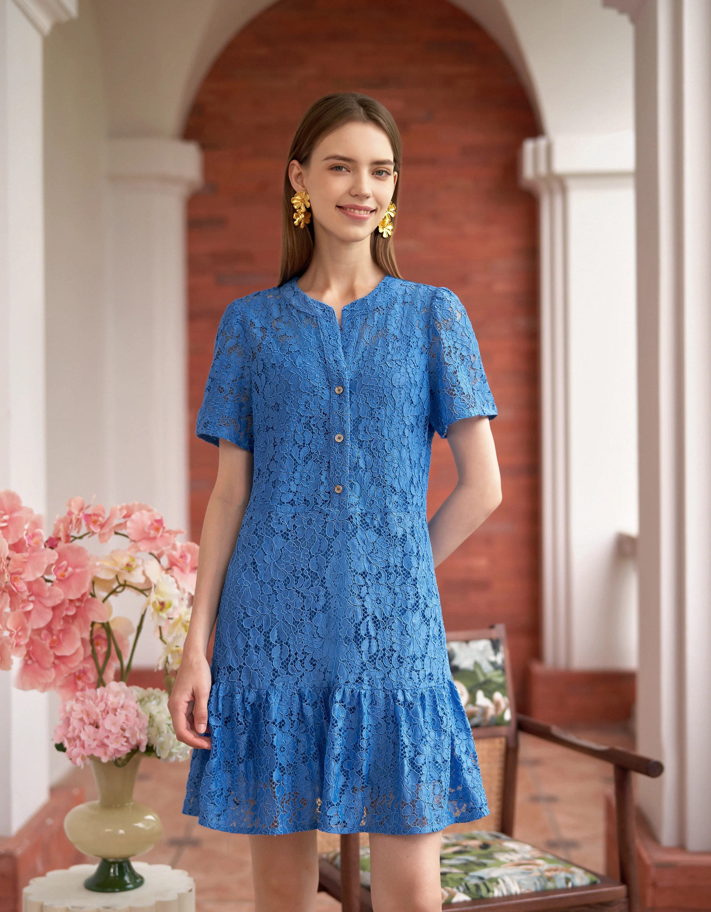 Short Sleeves Ruffled Hem Lace Dress - Image 4