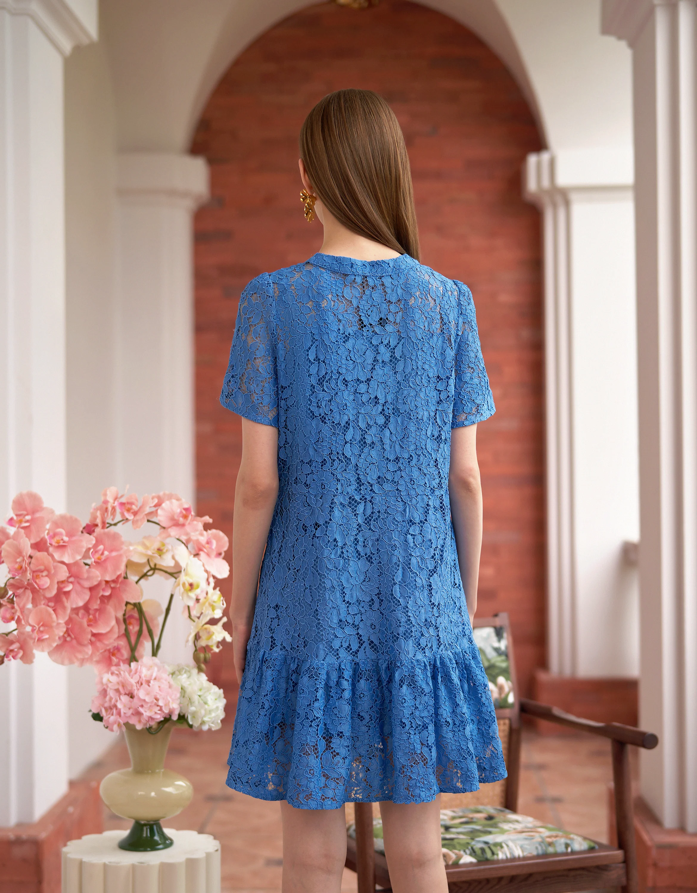 Short Sleeves Ruffled Hem Lace Dress - Image 5