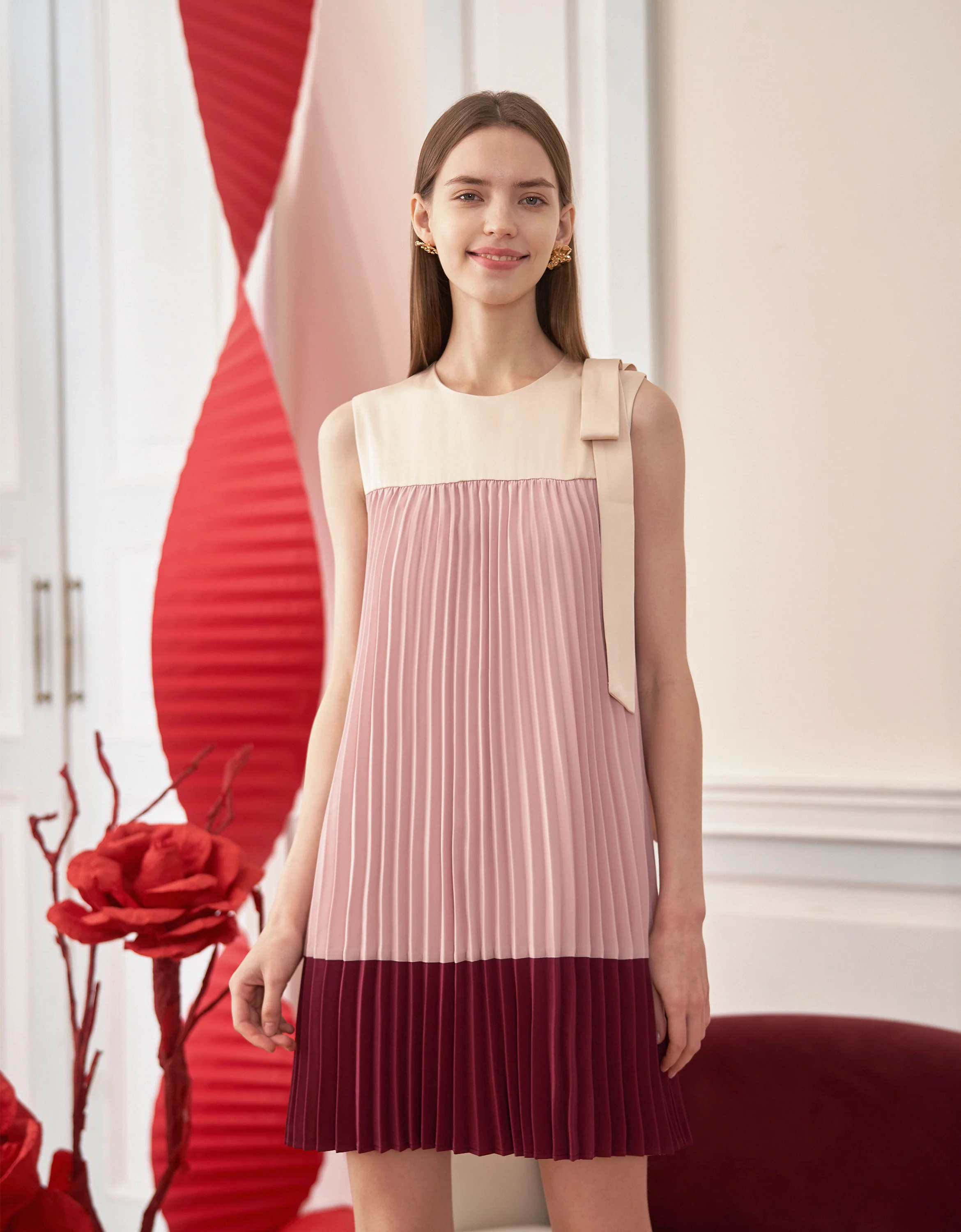 Shoulder Bow Colorblock Pleated Dress - Image 2