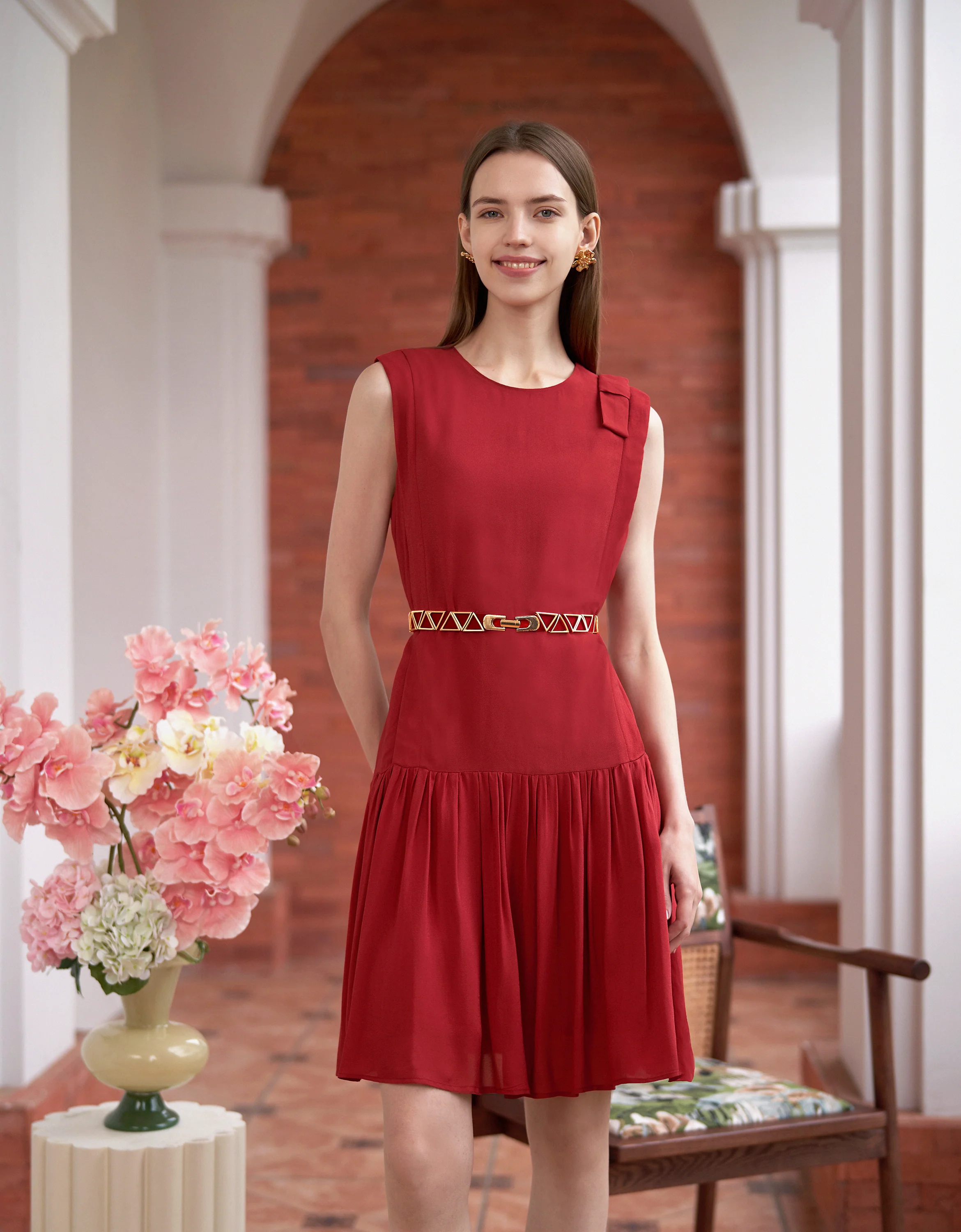Shoulder Bow Ruffled Hem Sleeveless Dress