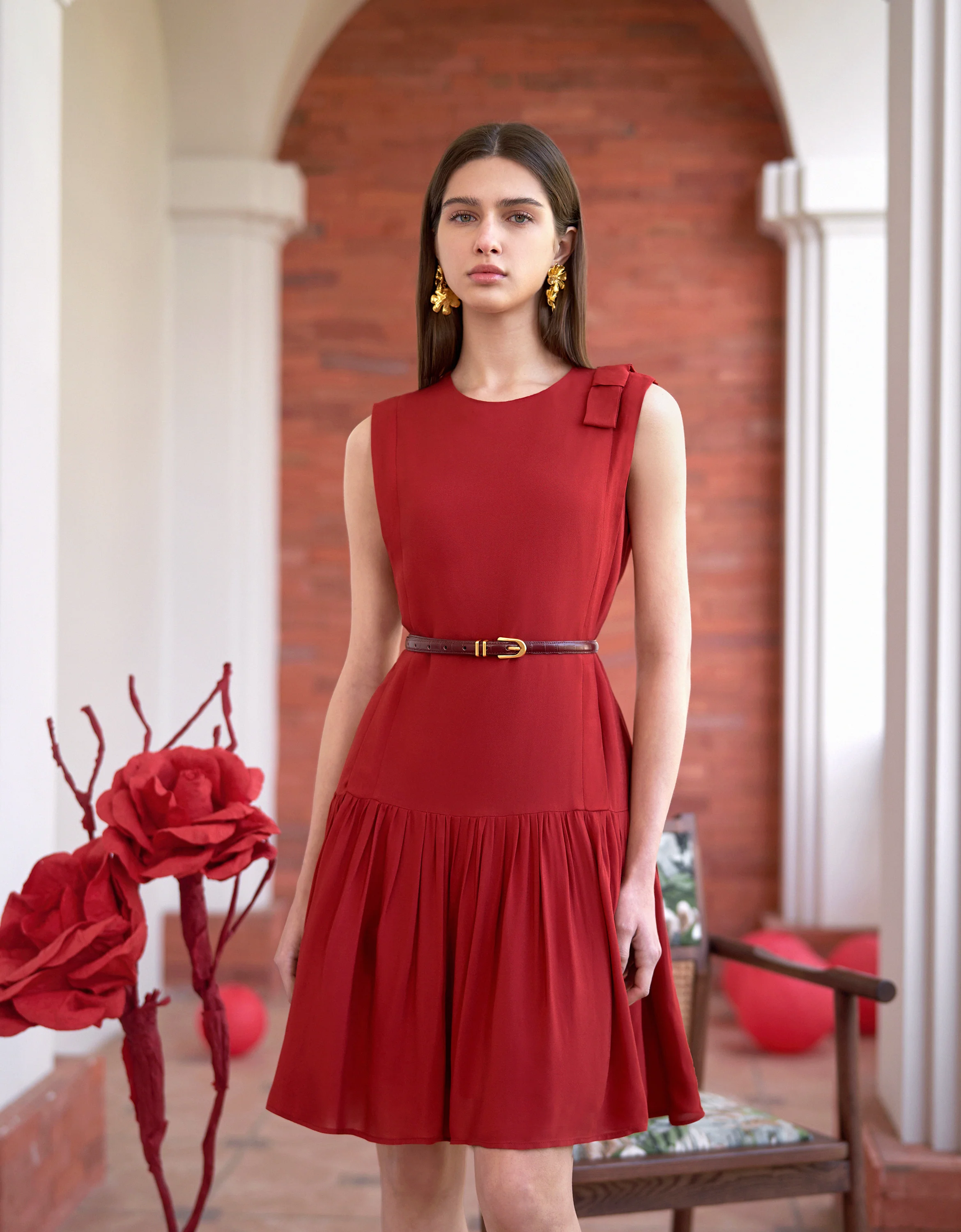 Shoulder Bow Ruffled Hem Sleeveless Dress - Image 3