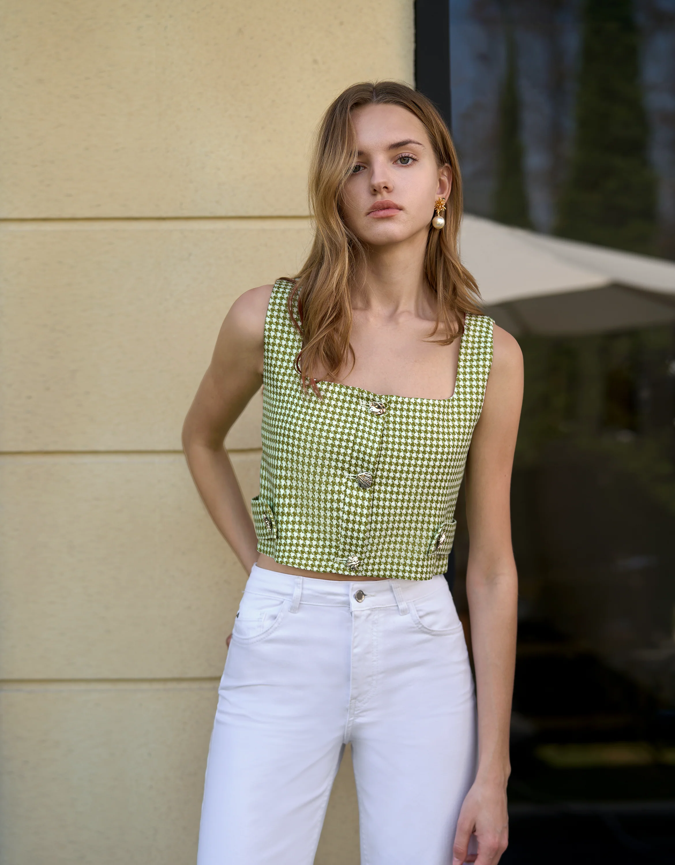 Square Neck Houndstooth Cropped Top