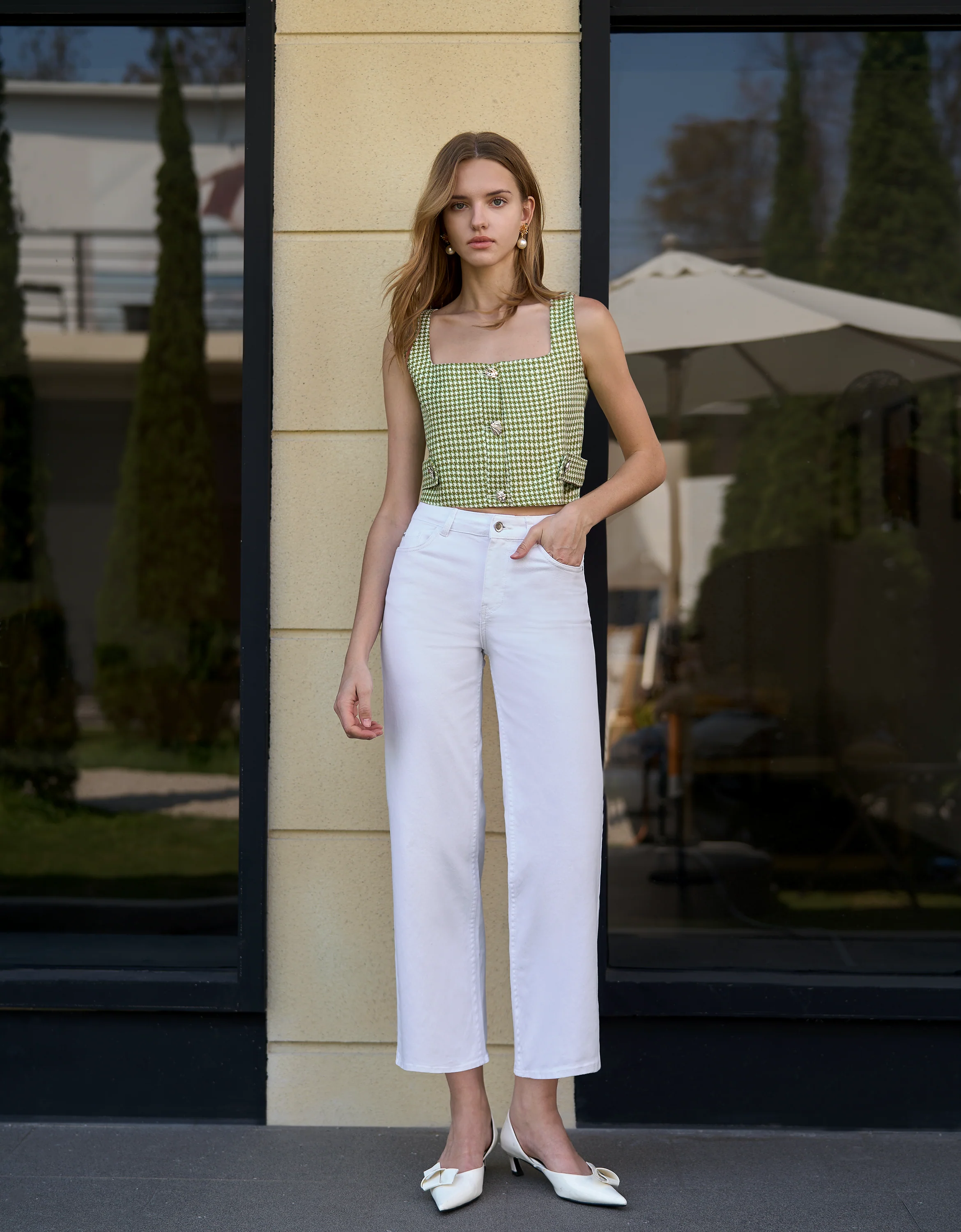 Square Neck Houndstooth Cropped Top - Image 2