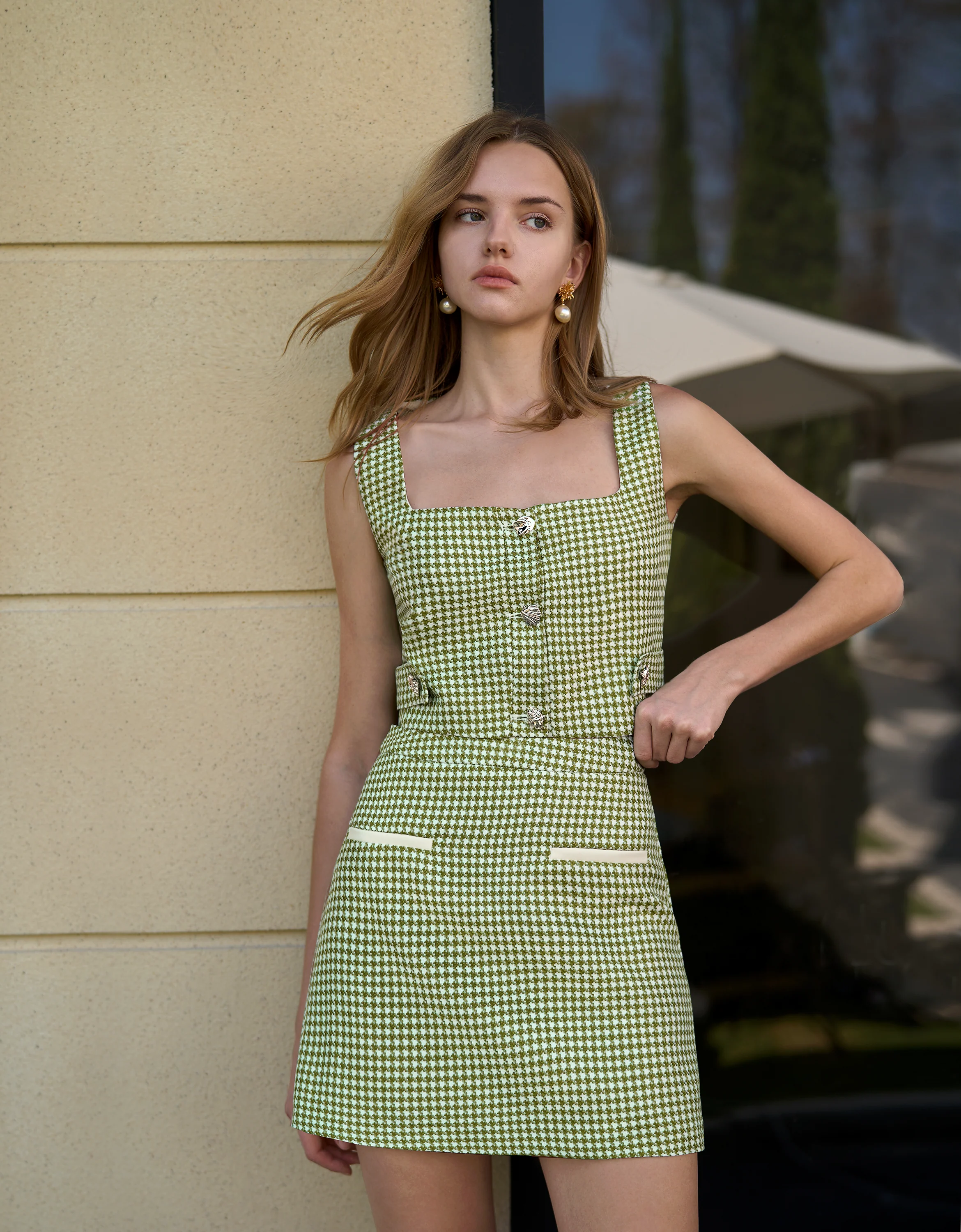 Square Neck Houndstooth Cropped Top - Image 4