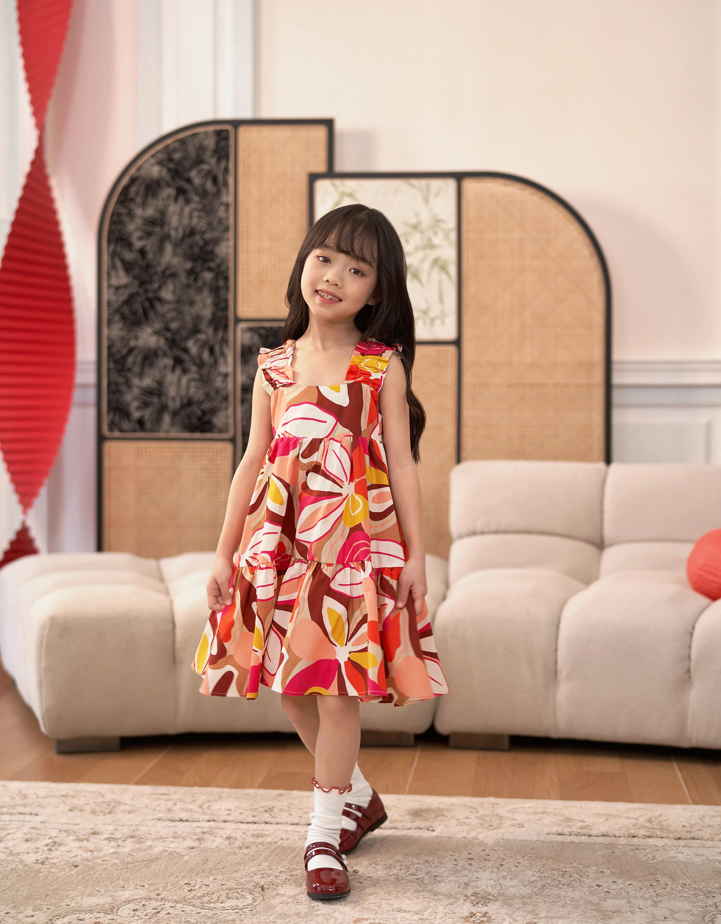 Square Neck Ruffled Hem Floral Dress