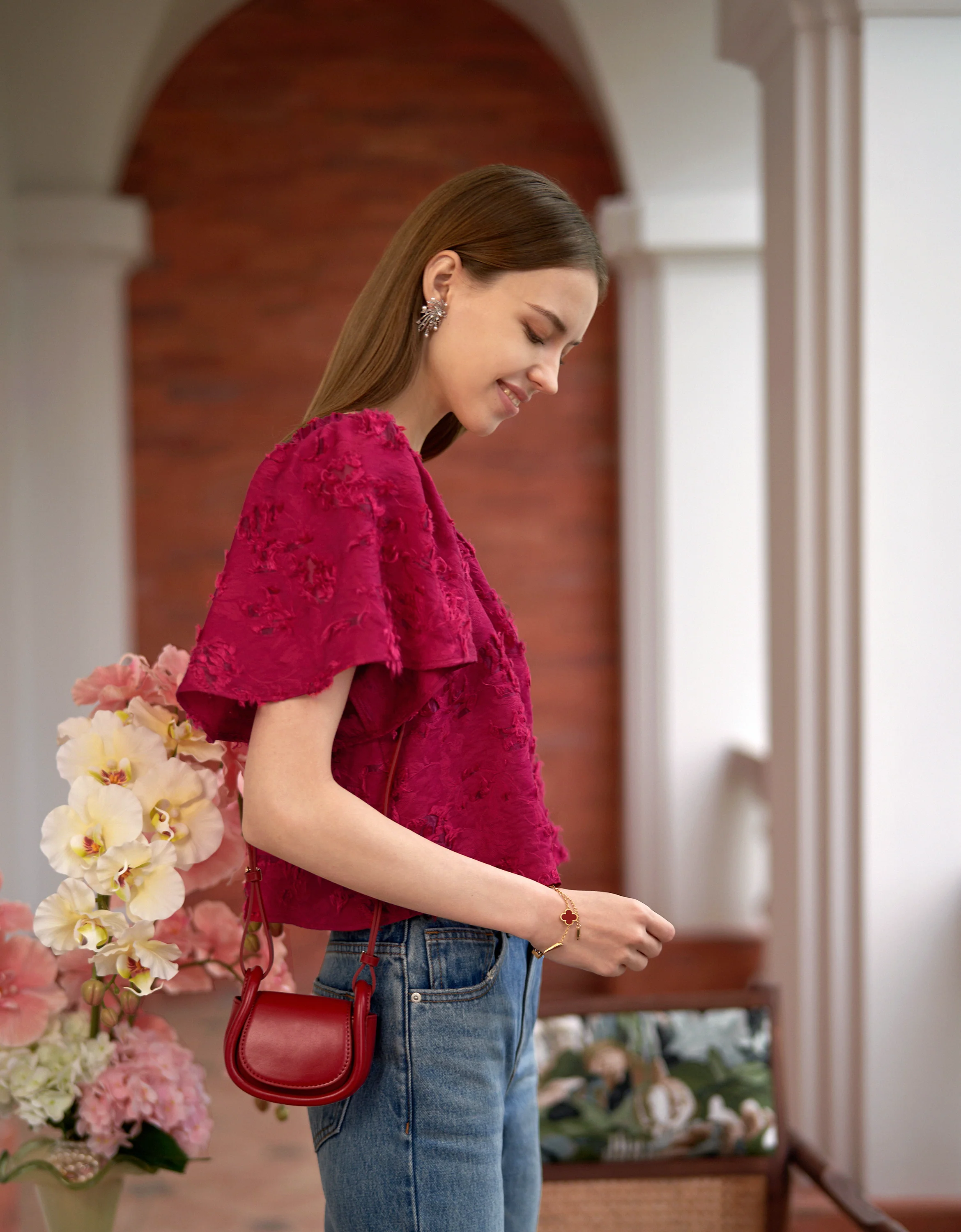 Square Neck Ruffled Sleeves Textured Top
