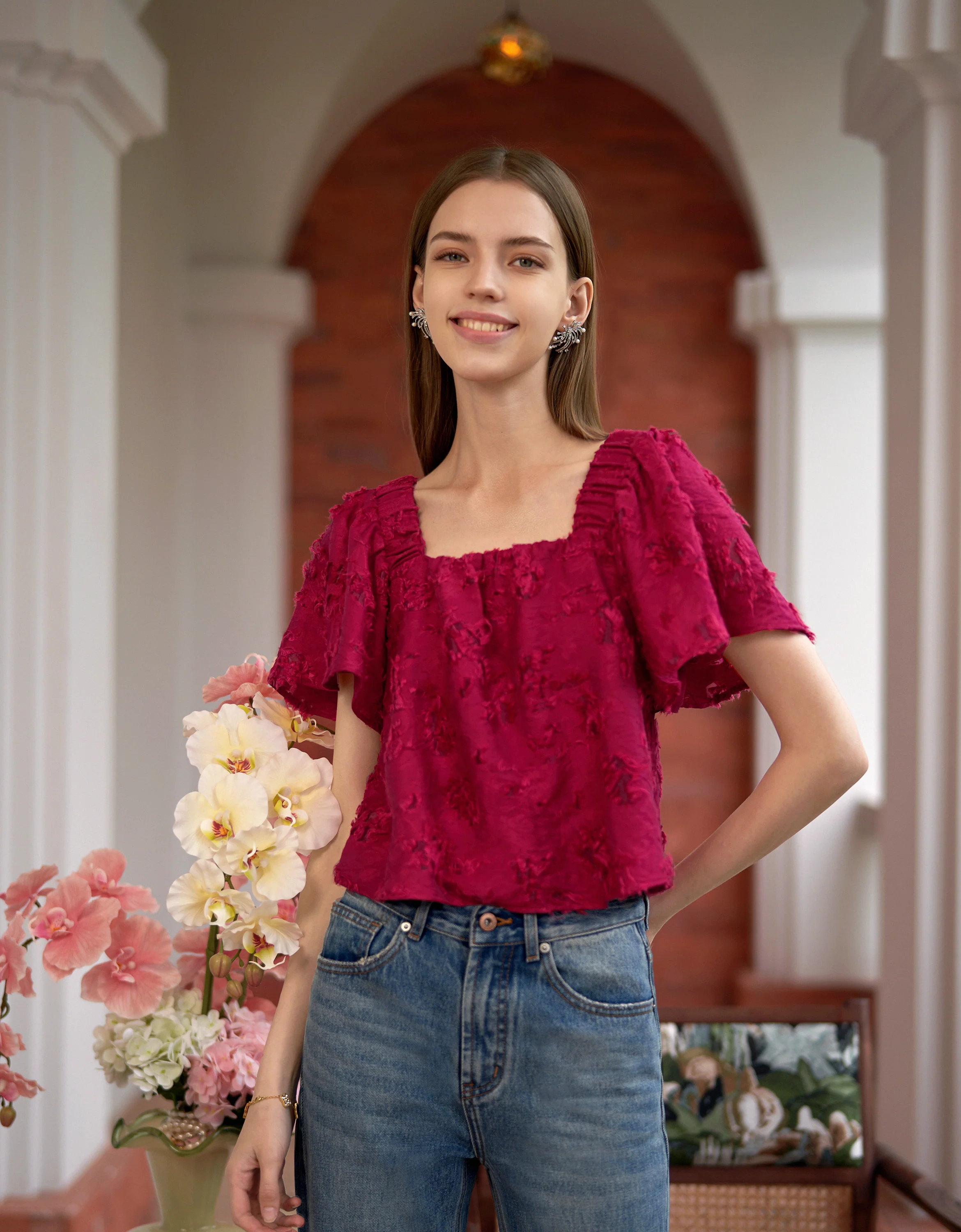 Square Neck Ruffled Sleeves Textured Top - Image 2
