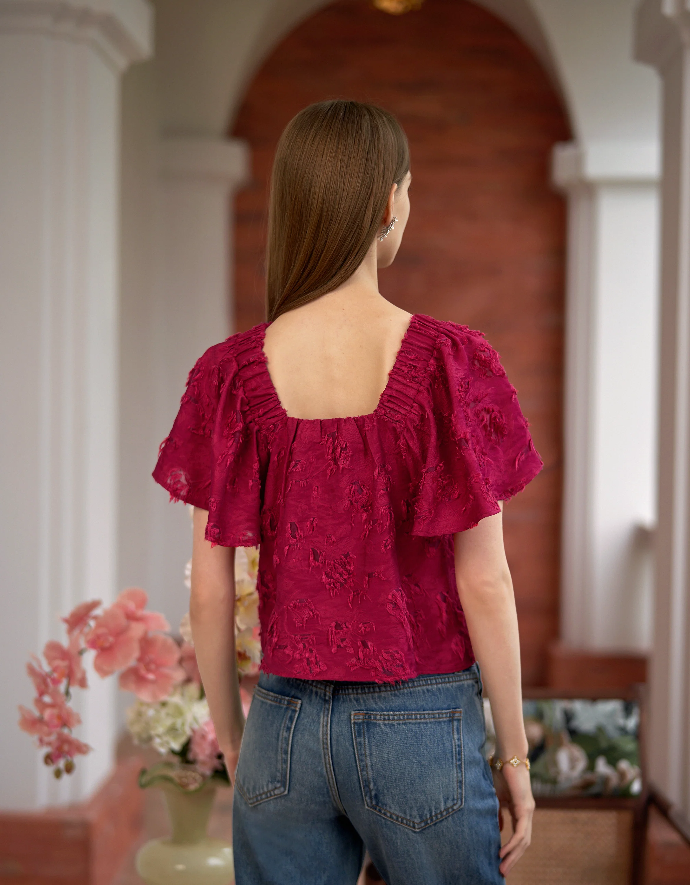 Square Neck Ruffled Sleeves Textured Top - Image 4