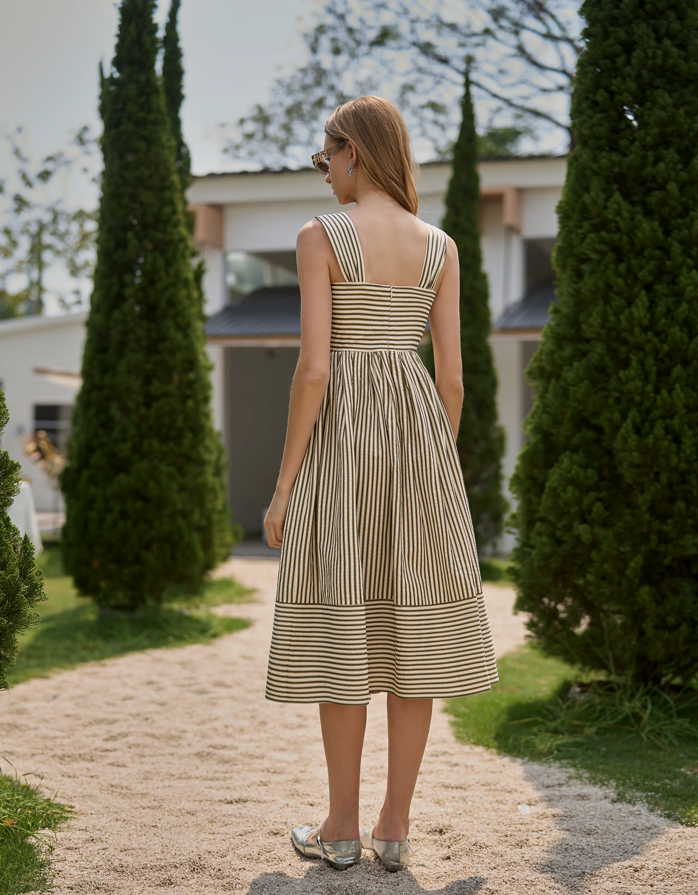 Square Neck Striped Textured Midi Dress - Image 2