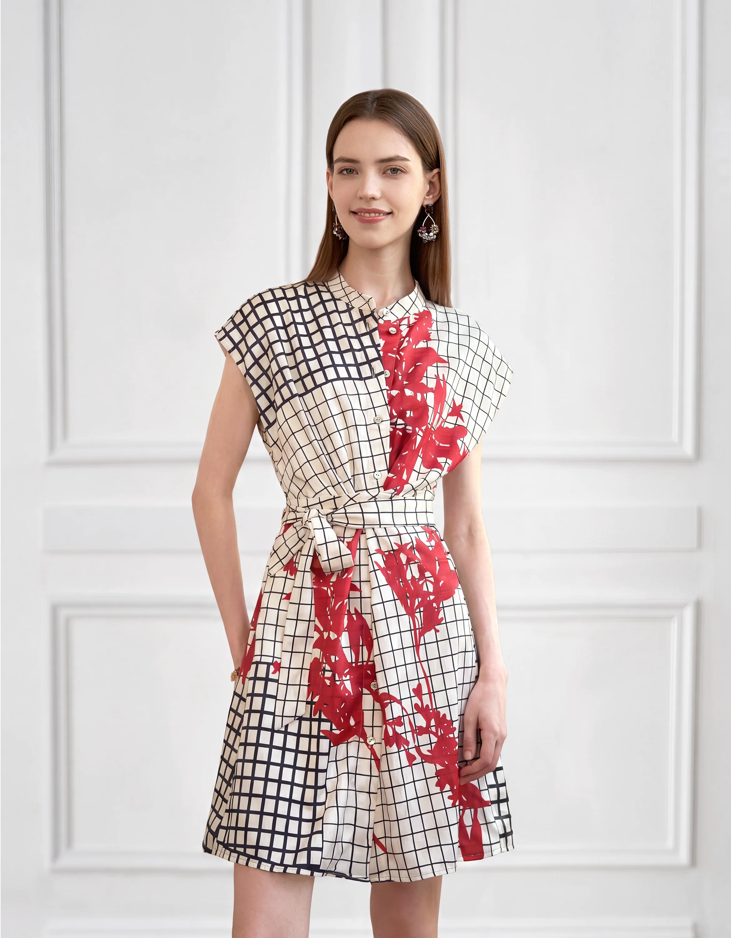 Stand Collar Floral Check Print Dress - Image 2