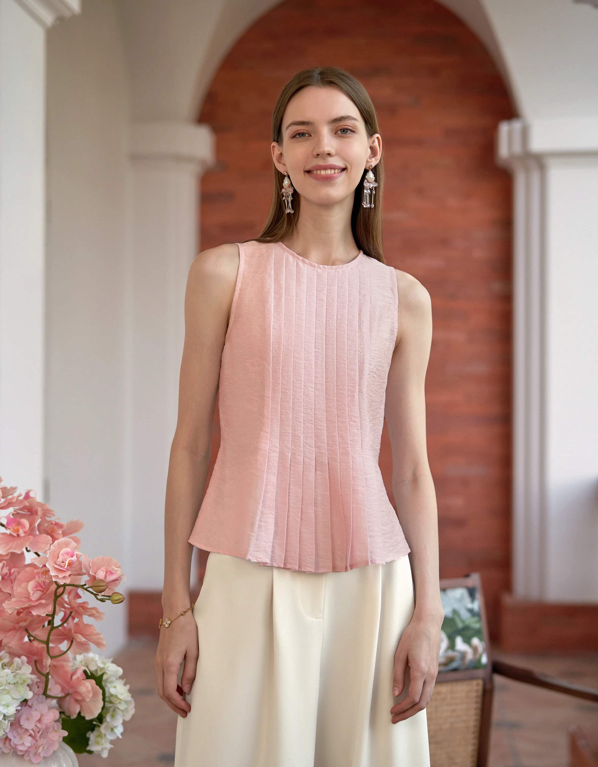 Tencel-blend Jacquard Pleated Sleeveless Top