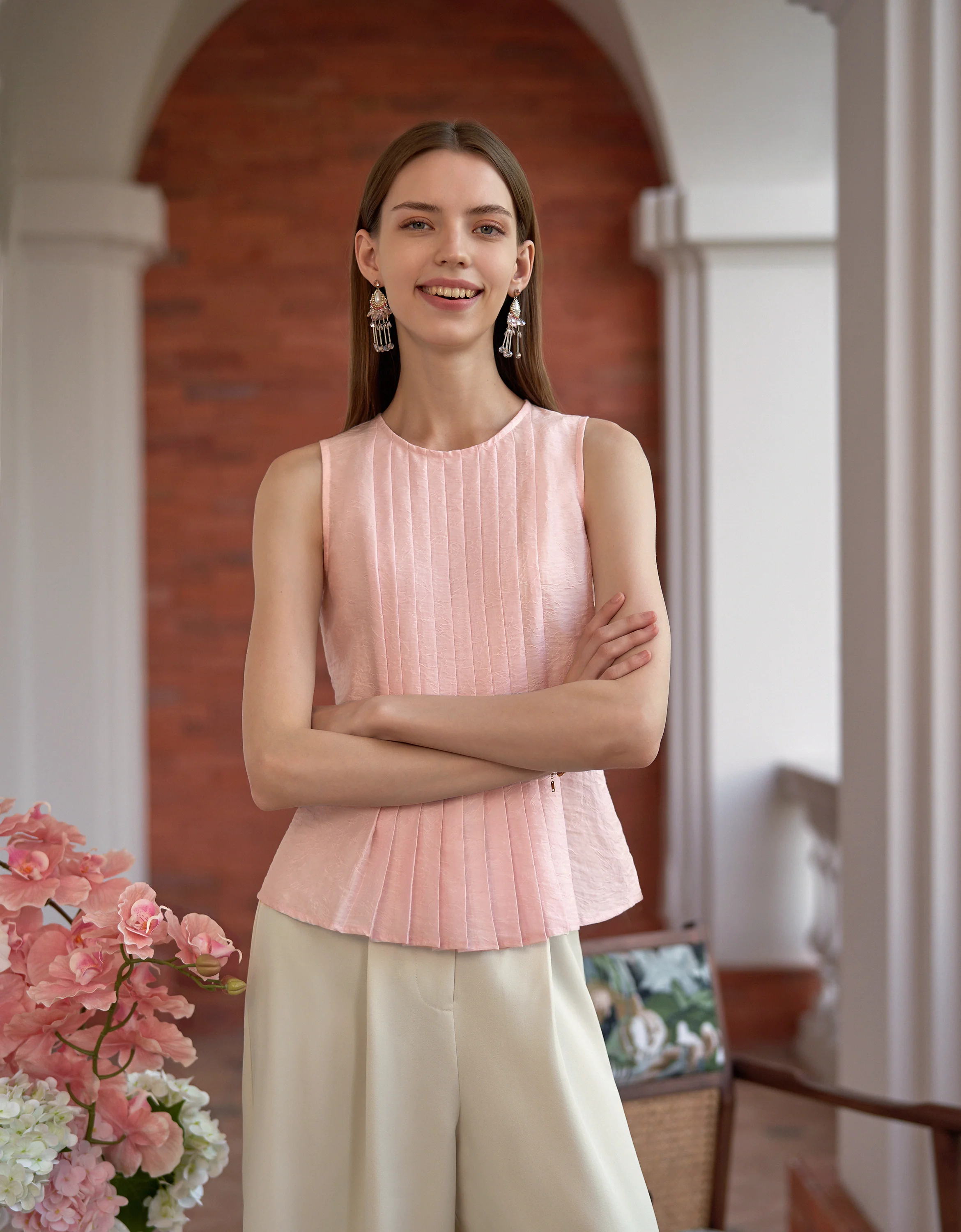 Tencel-blend Jacquard Pleated Sleeveless Top - Image 2