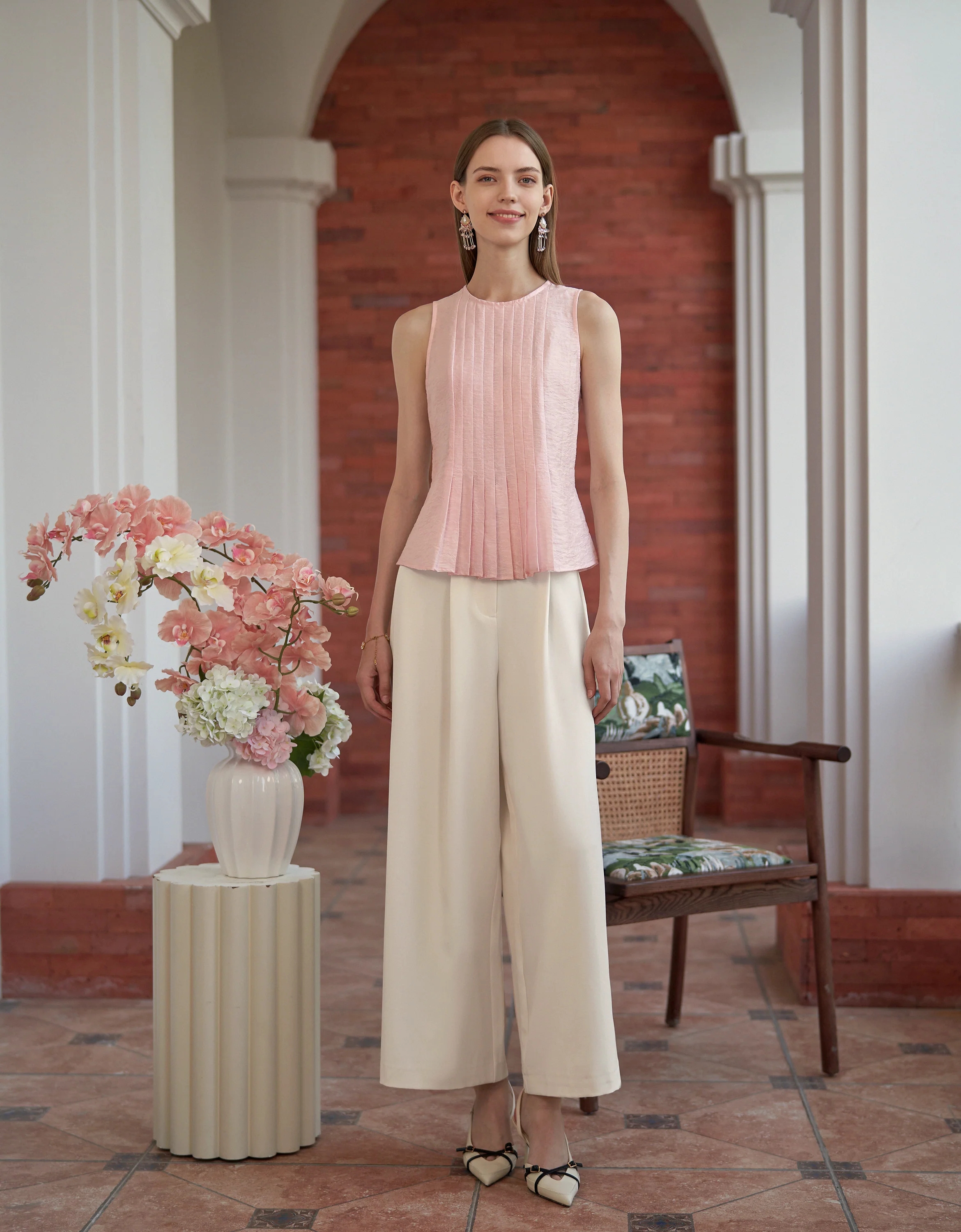 Tencel-blend Jacquard Pleated Sleeveless Top - Image 3