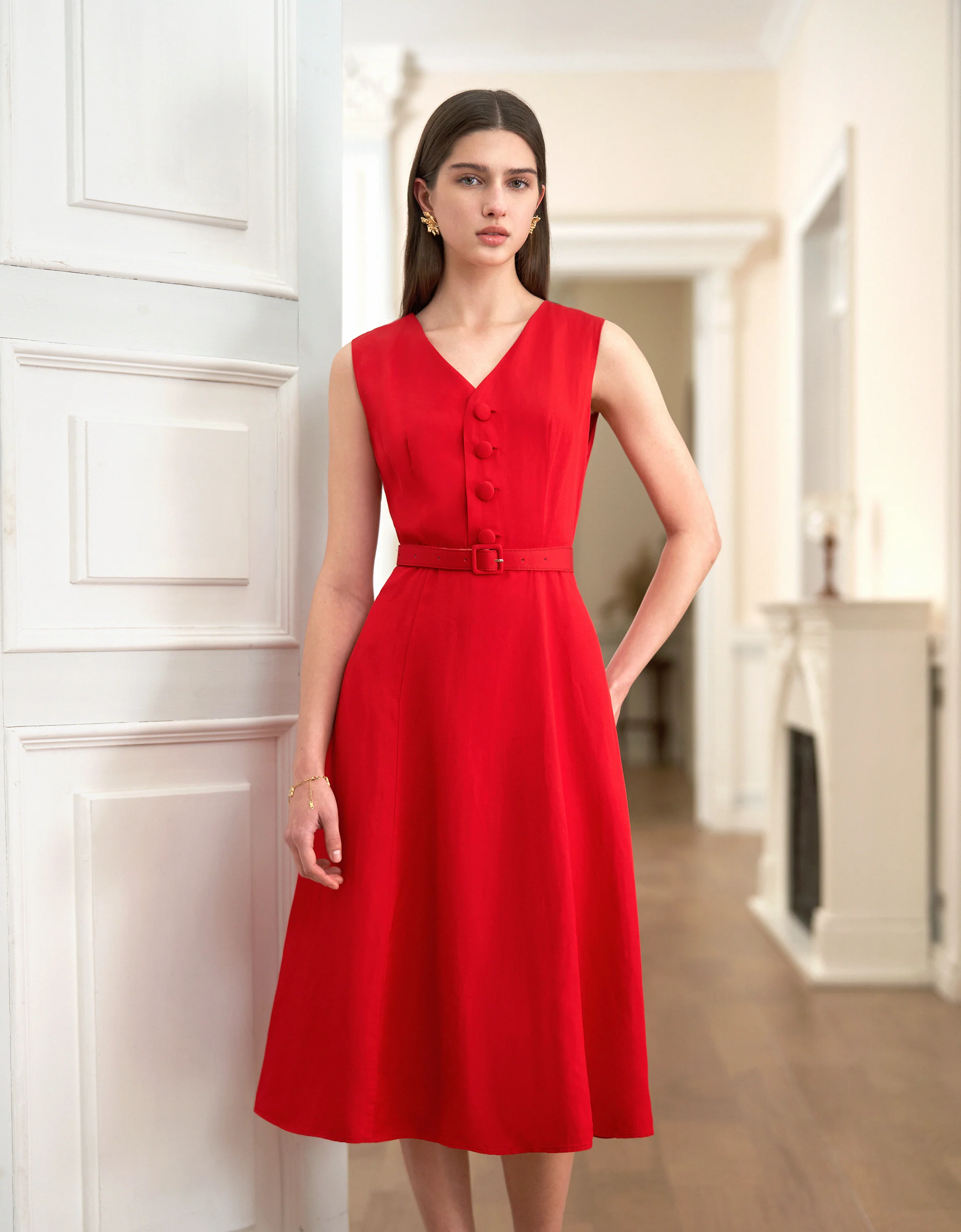 Tencel-Linen-Viscose Blend V-neck Sleeveless Midi Dress - Image 2