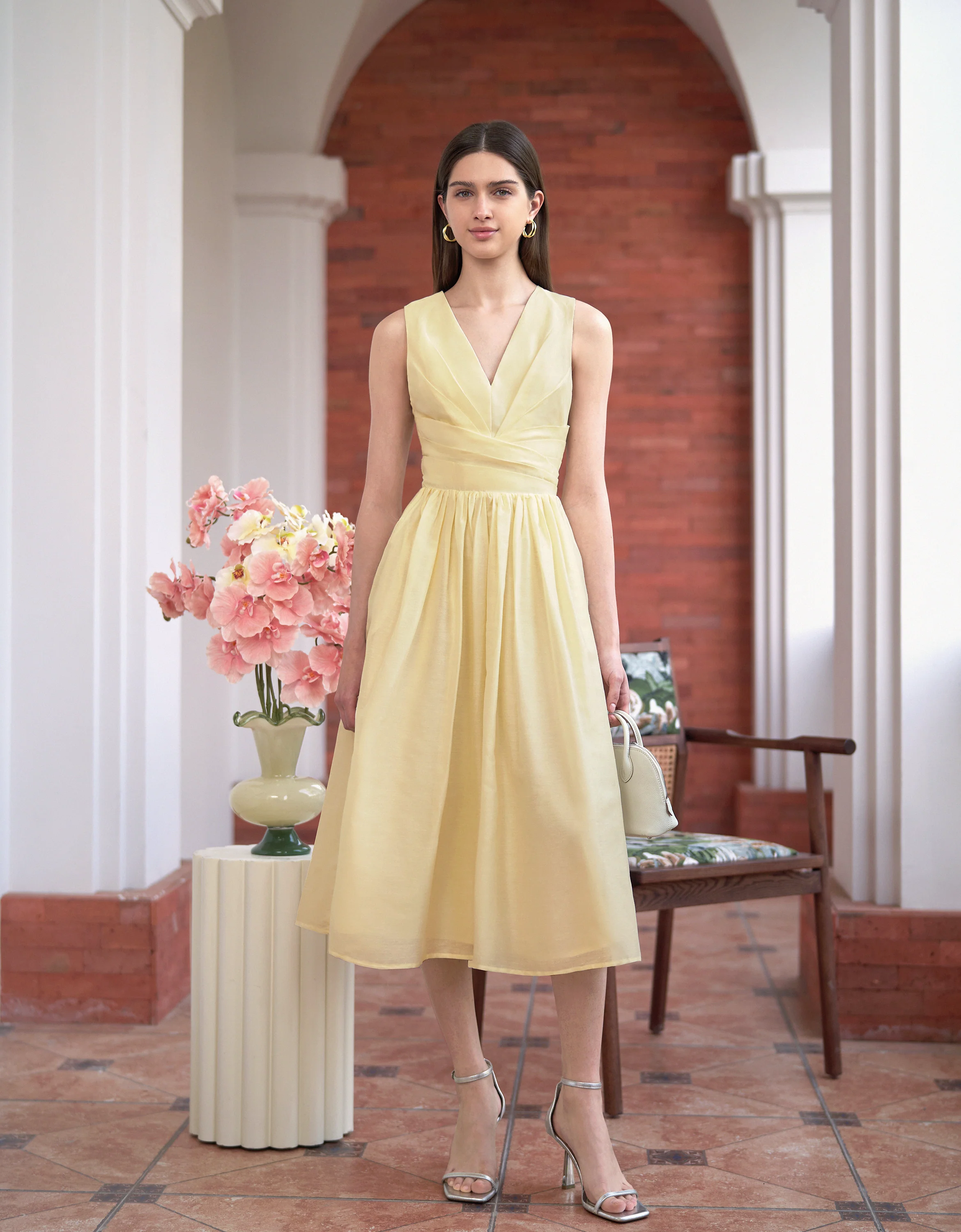 Tencel-linen Wrap Waist V-neck Dress