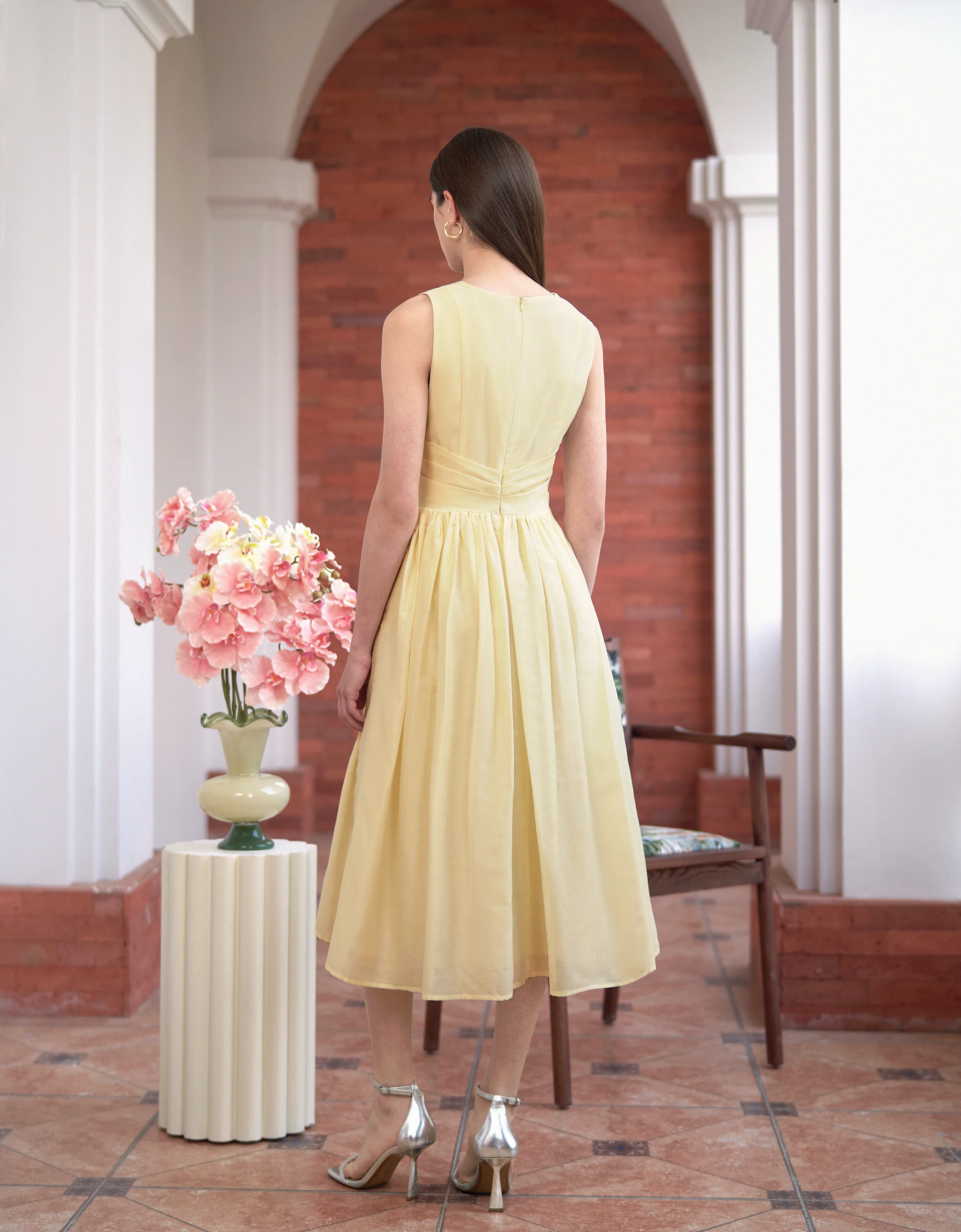 Tencel-linen Wrap Waist V-neck Dress - Image 3