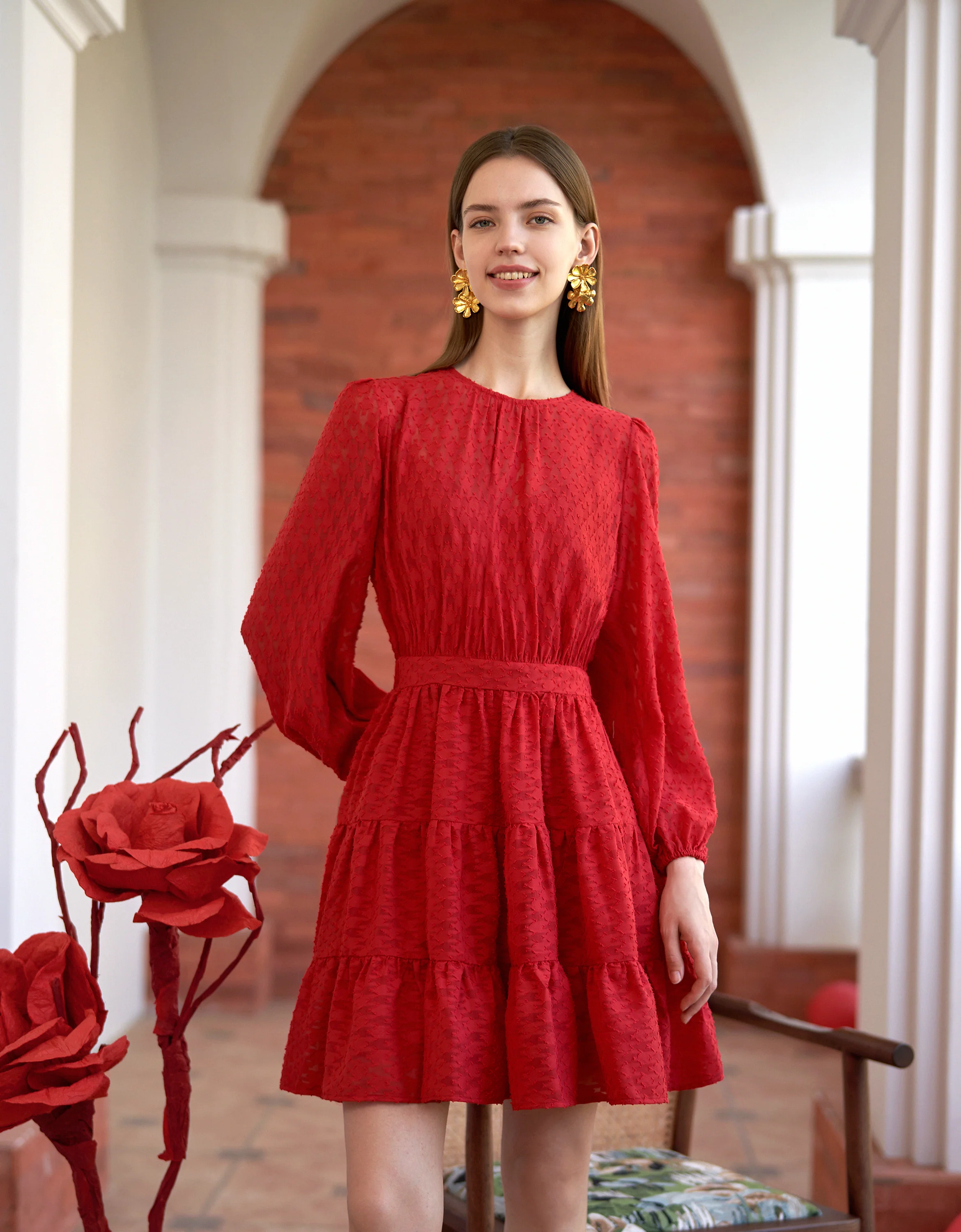 Tiered Skirt Long Sleeve Textured Dress