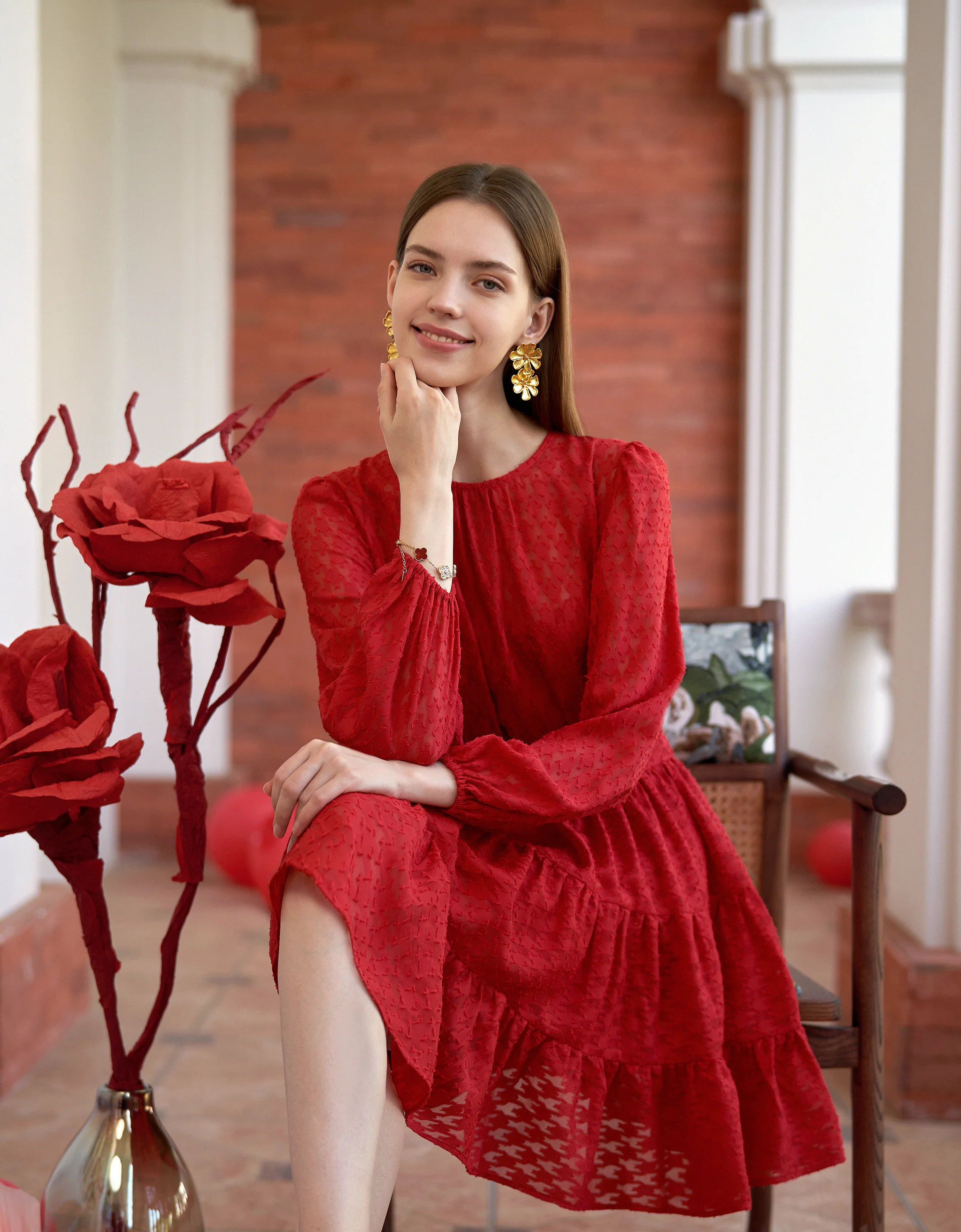 Tiered Skirt Long Sleeve Textured Dress - Image 4