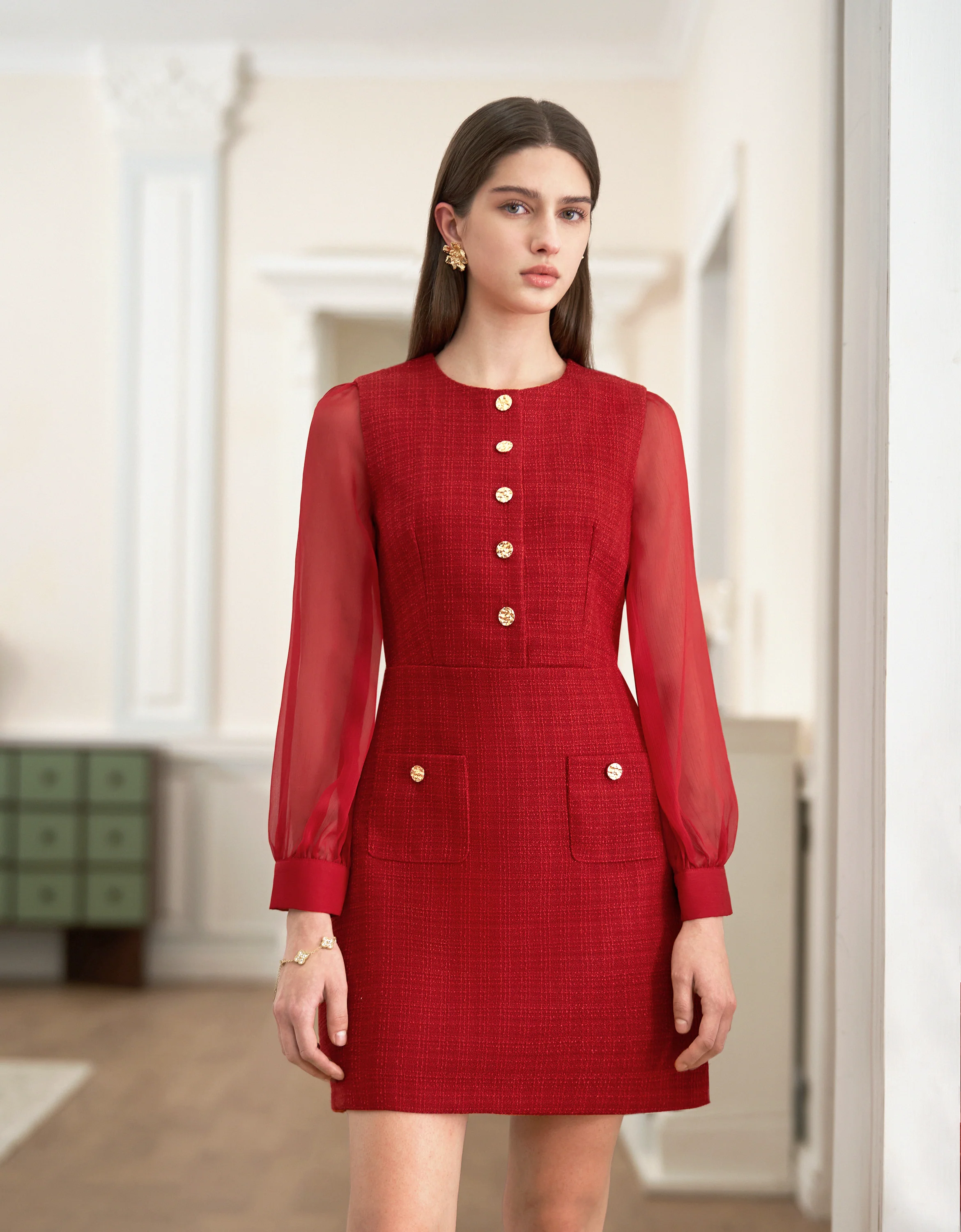 Tulle Long Sleeve Tweed Dress - Image 2