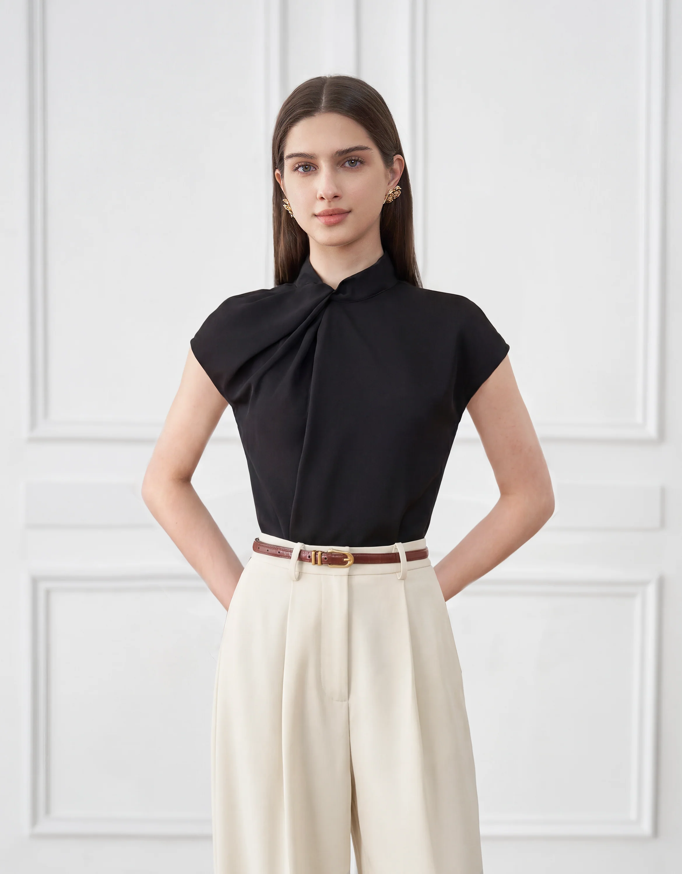 Twisted Neckline Stand Collar Top